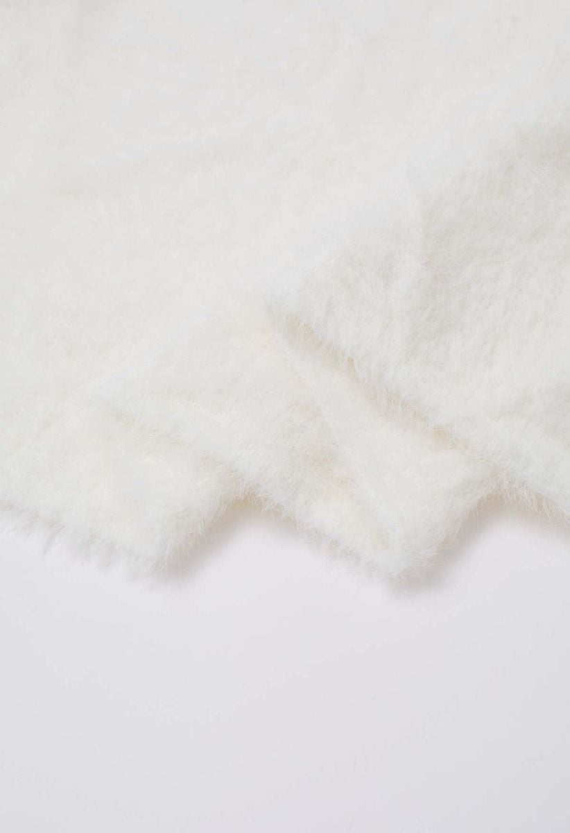 Fluffy Open Front Hooded Longline Knit Cardigan in White