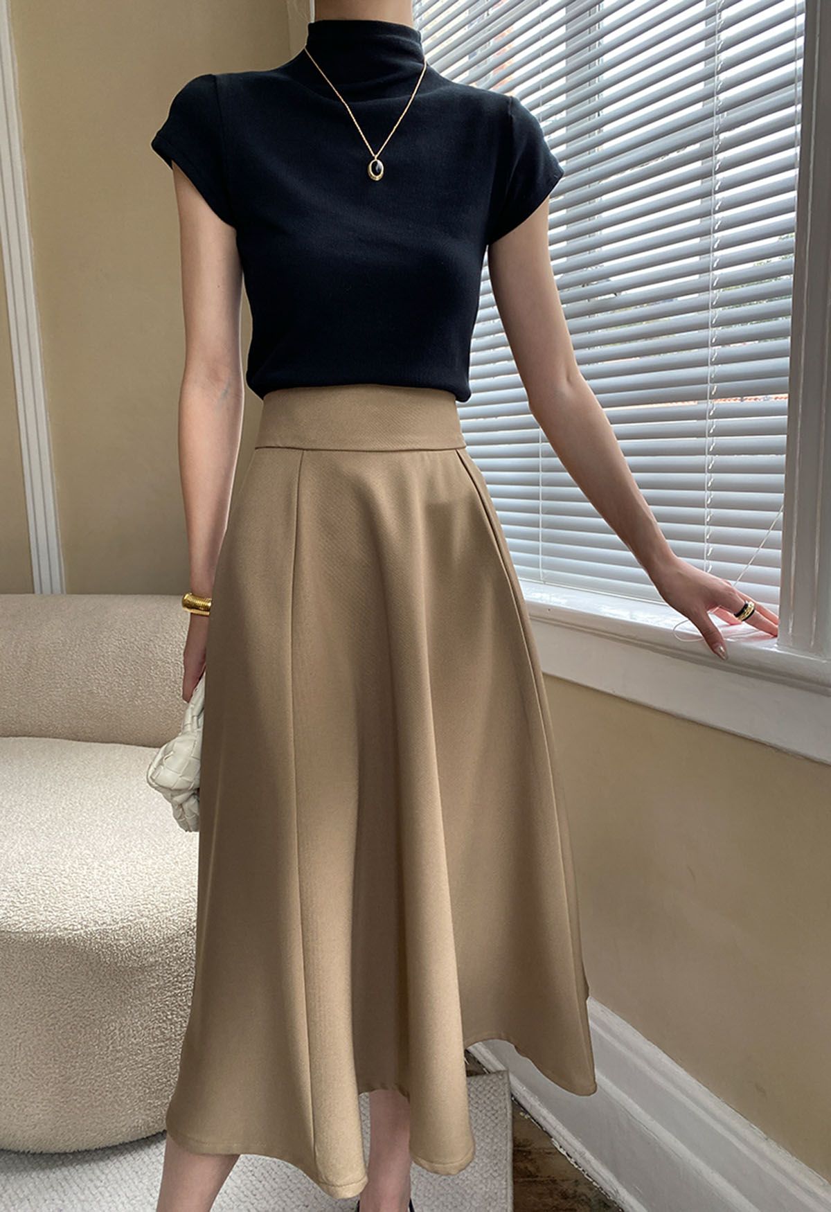 Solid Khaki High-Waist A-Line Midi Skirt