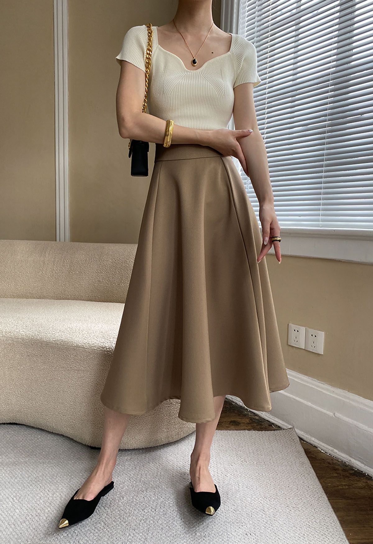 Solid Khaki High-Waist A-Line Midi Skirt