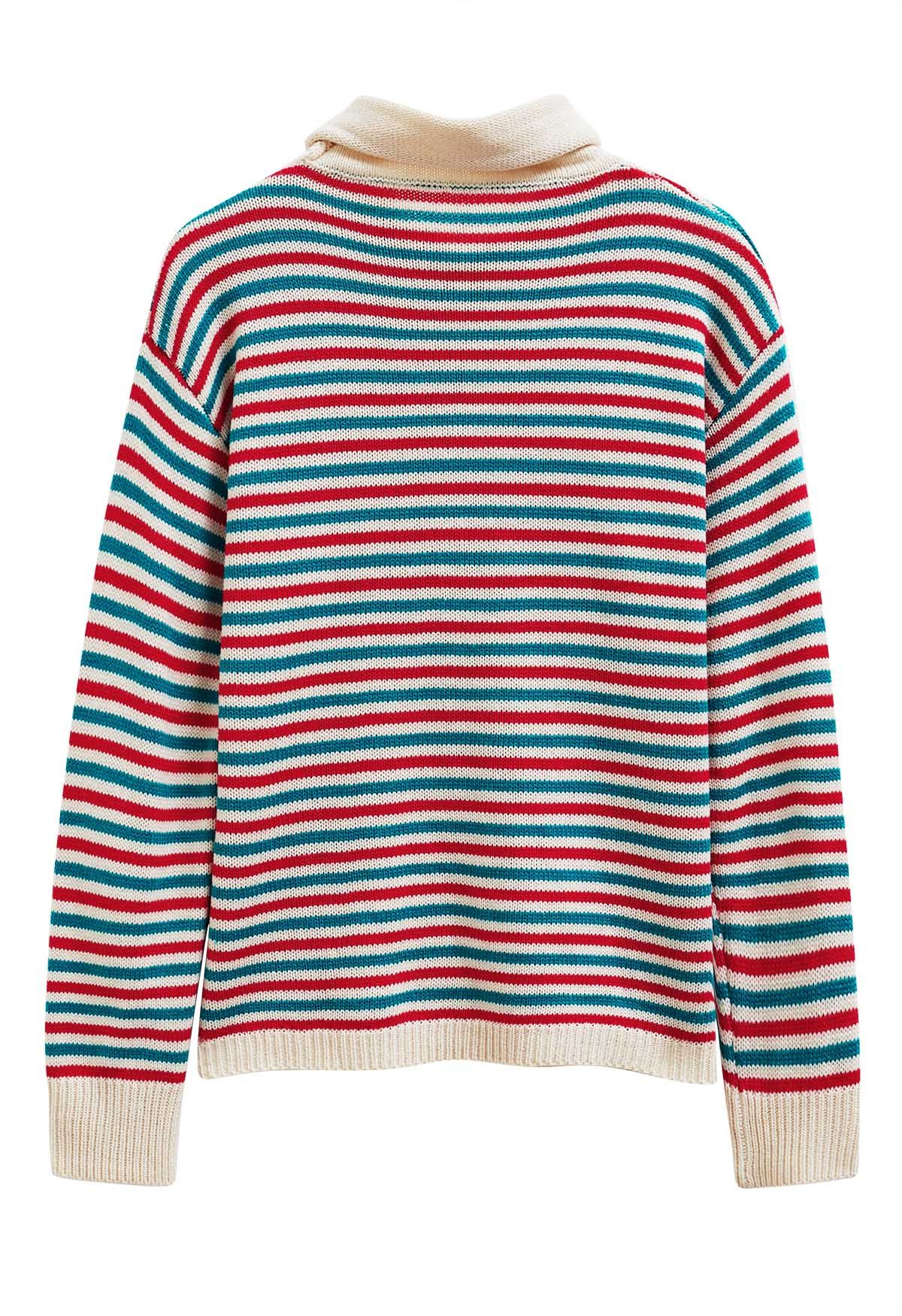 Colorful Stripes Rolled Neckline Knit Sweater