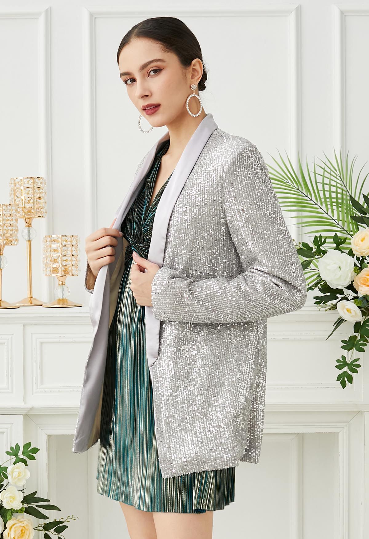 Dazzling Sequin Open Front Shawl Blazer in Silver