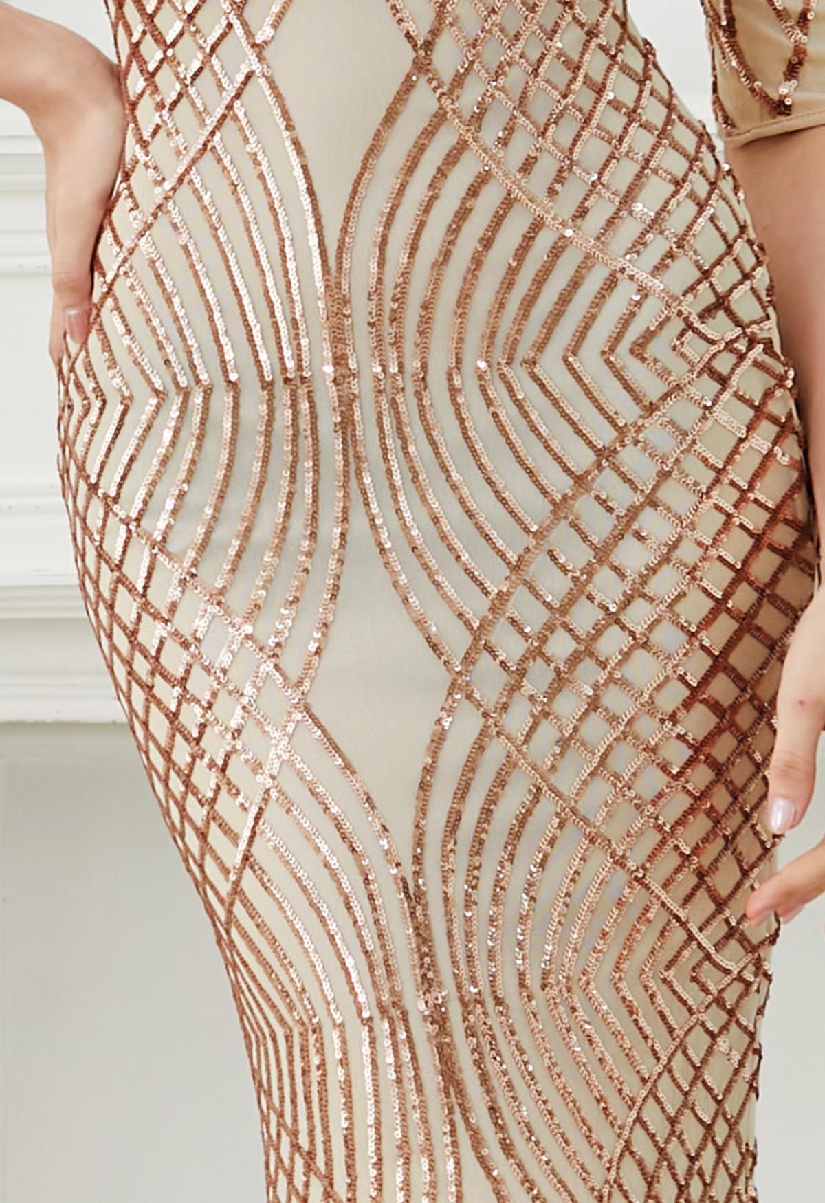 Opulent Geometry Sequin Mermaid Gown in Apricot