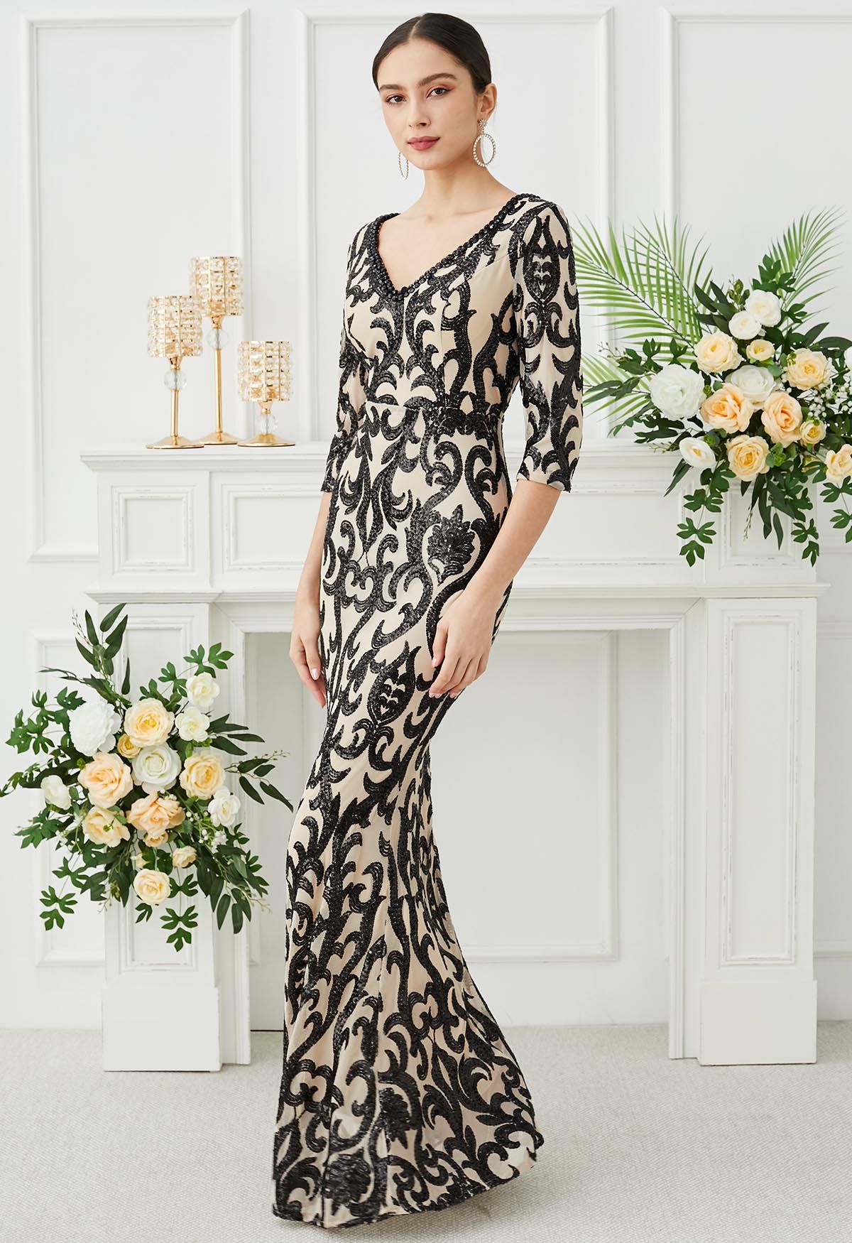 Baroque Sequin V-Neck Mesh Mermaid Gown in Black