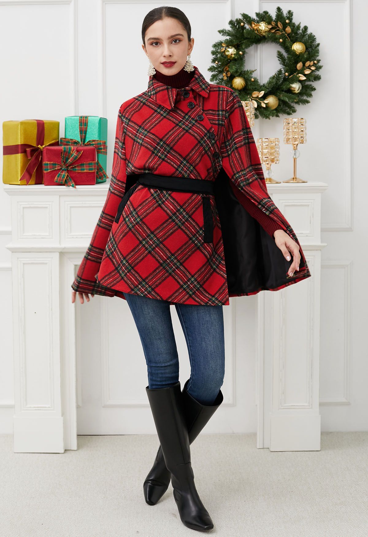 Button Wrap Tie Sash Tartan Cape Coat in Red