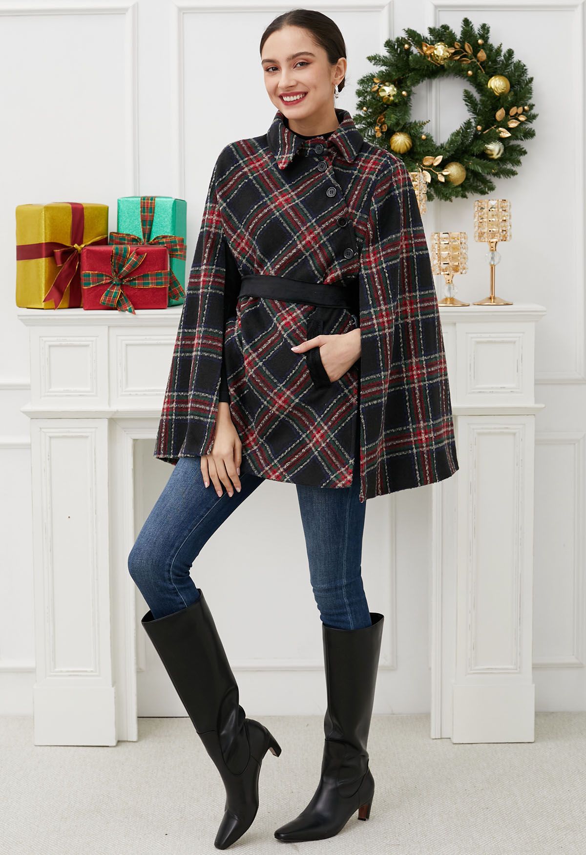 Button Wrap Tie Sash Tartan Cape Coat in Black