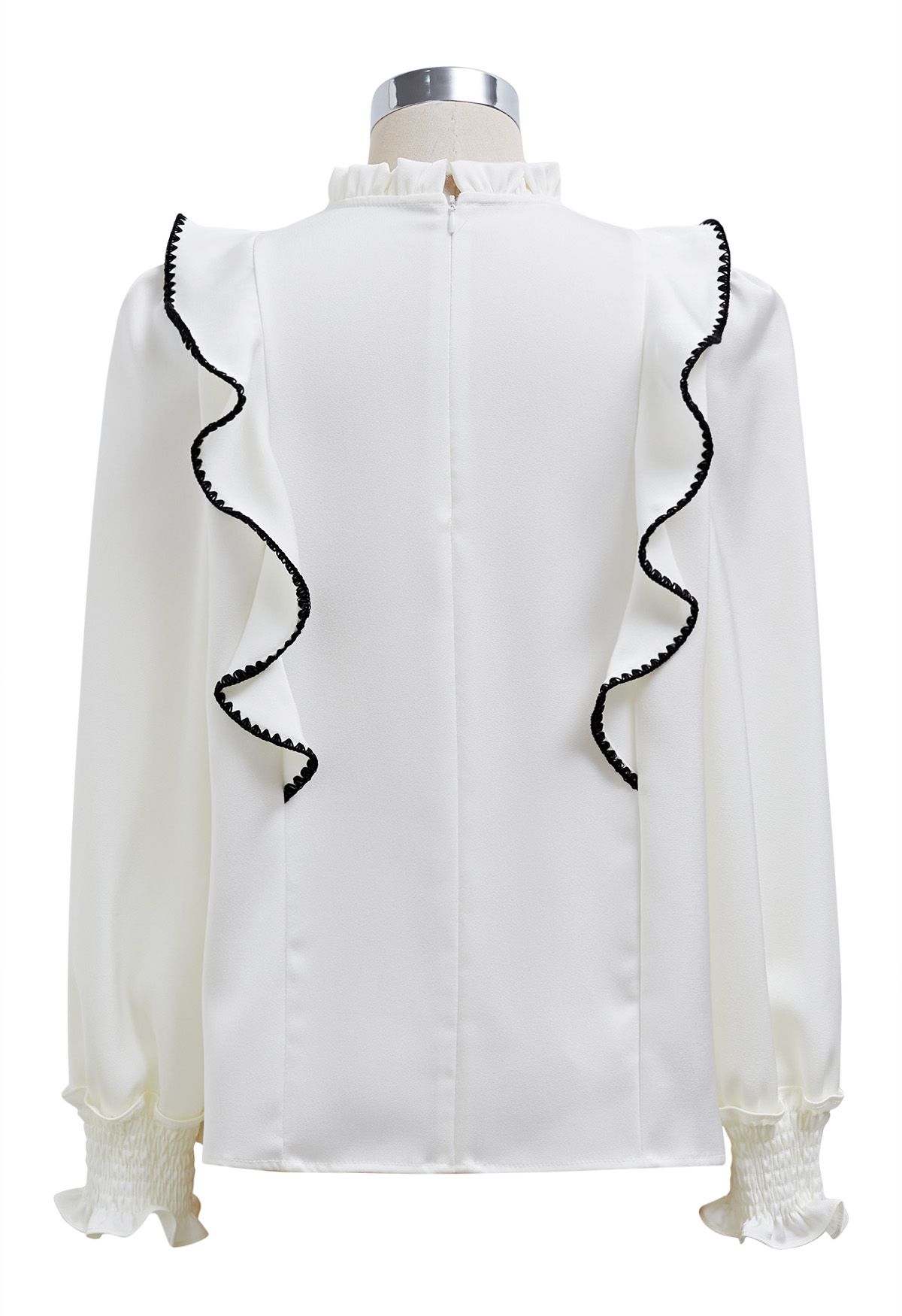 Black Stitch Ruffle Puff Sleeve Shirt in White