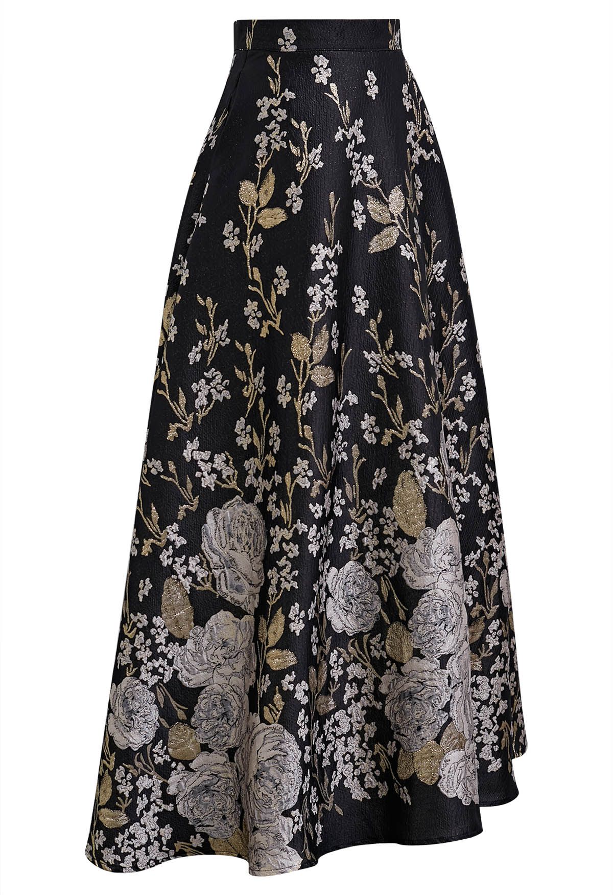 Golden Hour Peony Metallic Jacquard A-Line Maxi Skirt 