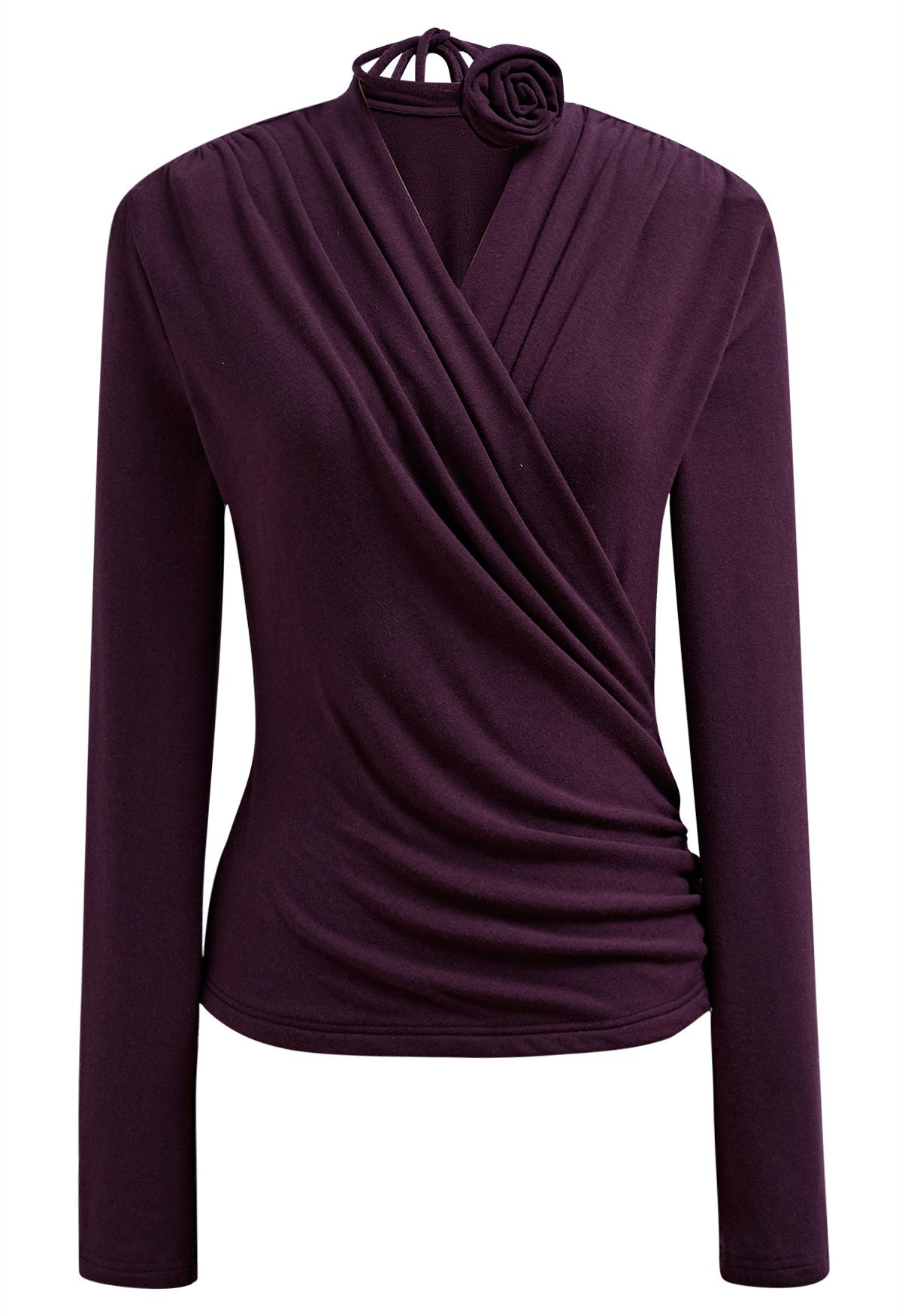 Faux-Wrap Ruched Top with Choker in Purple