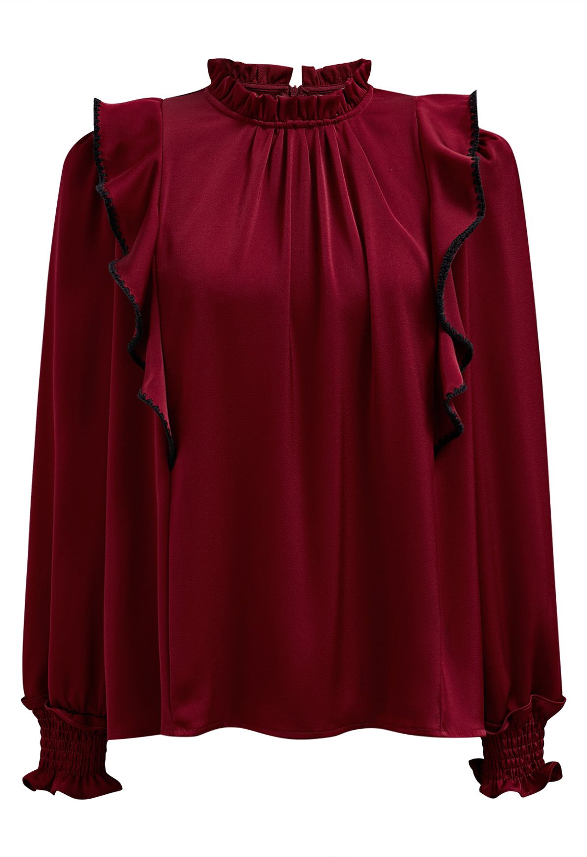 Black Stitch Ruffle Puff Sleeve Shirt in Red