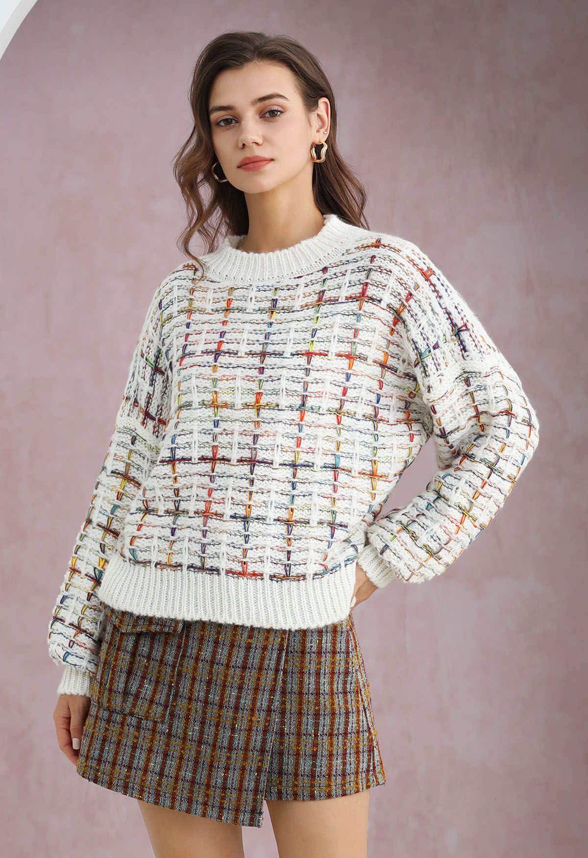 Color-Accented Grid Knit Sweater in White