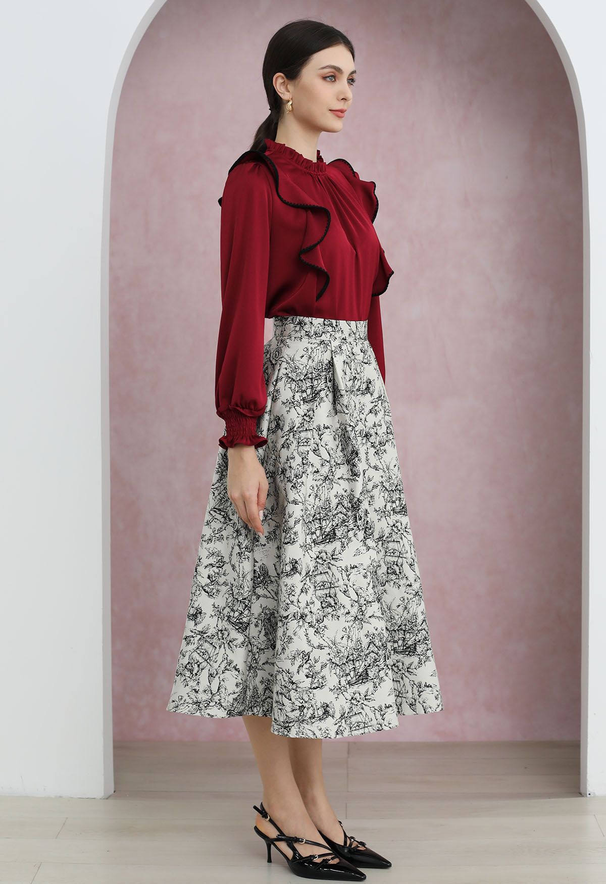 Graceful Inky Floral Jacquard A-Line Midi Skirt