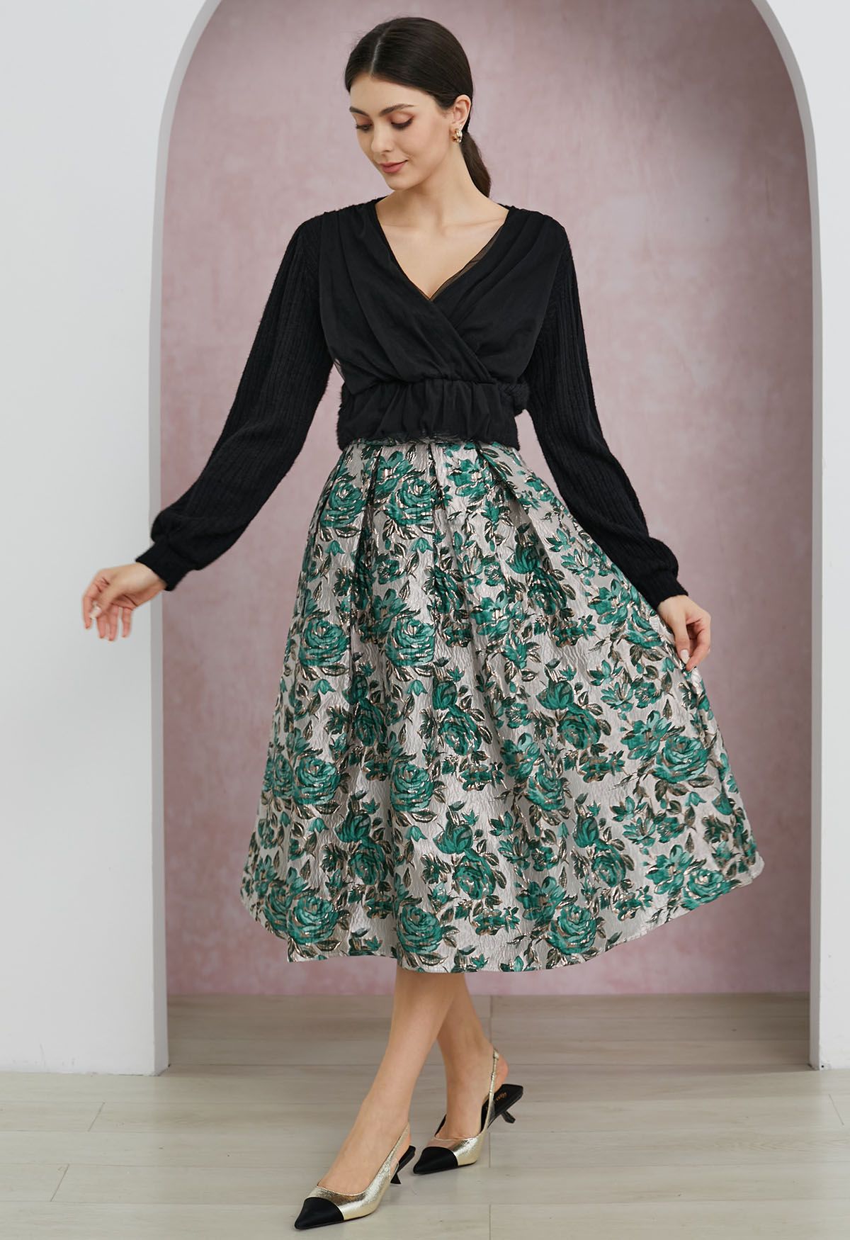 Teal Rose Embossed Jacquard A-Line Midi Skirt