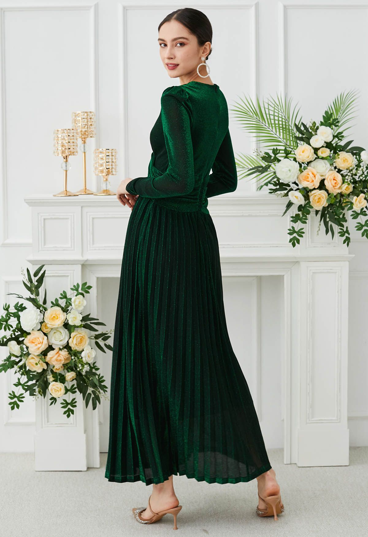 Glistening Twisted Front Pleated Maxi Dress in Emerald