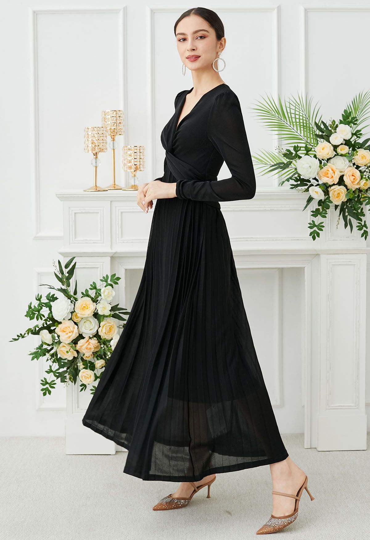 Glistening Twisted Front Pleated Maxi Dress in Black