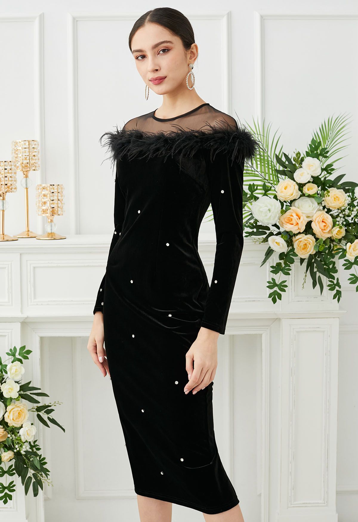 Rhinestone Decor Velvet Feather Midi Dress