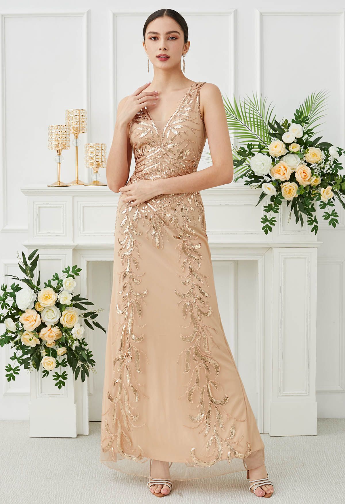 Leaves Sequin V-Neck Mesh Sleeveless Gown in Apricot