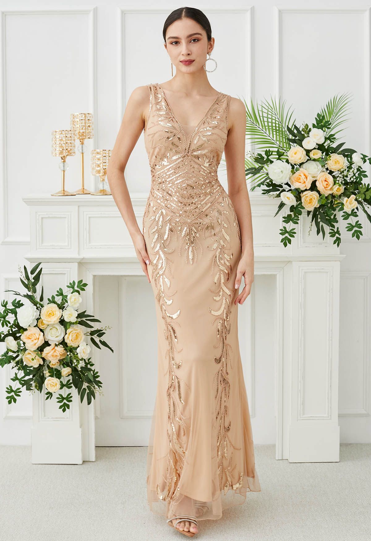 Leaves Sequin V-Neck Mesh Sleeveless Gown in Apricot