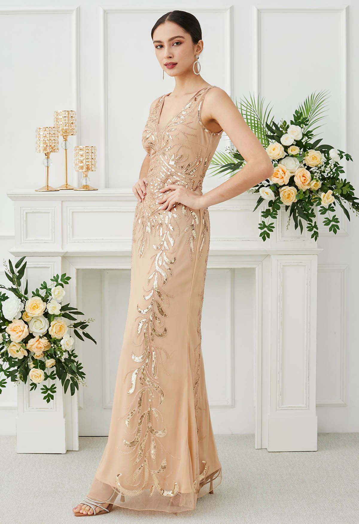 Leaves Sequin V-Neck Mesh Sleeveless Gown in Apricot