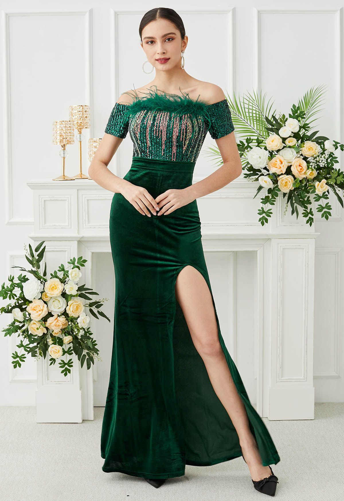 Off-Shoulder Feather Sequin High Slit Gown in Emerald