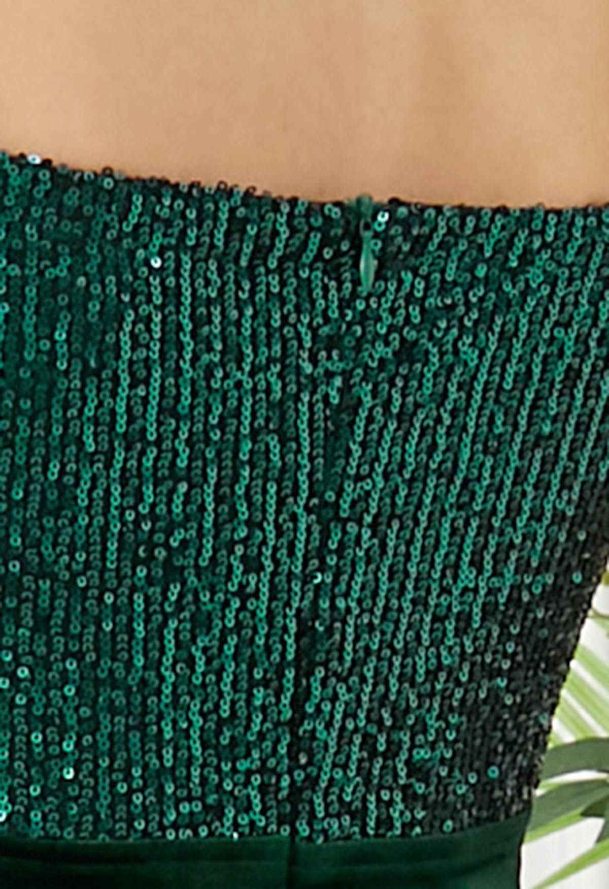 Off-Shoulder Feather Sequin High Slit Gown in Emerald