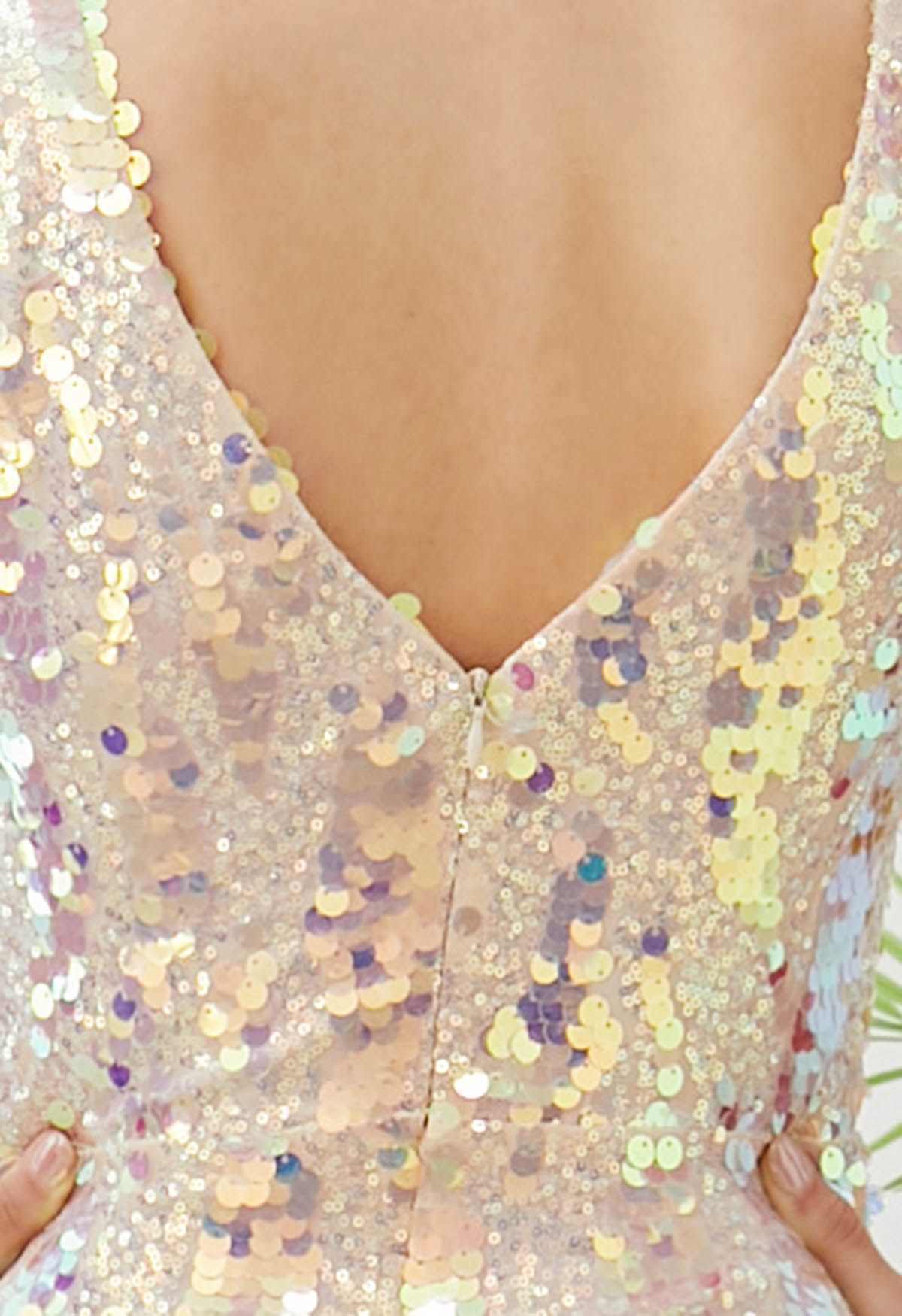 Iridescent Sequin V-Neck Mermaid Sleeveless Gown in Cream