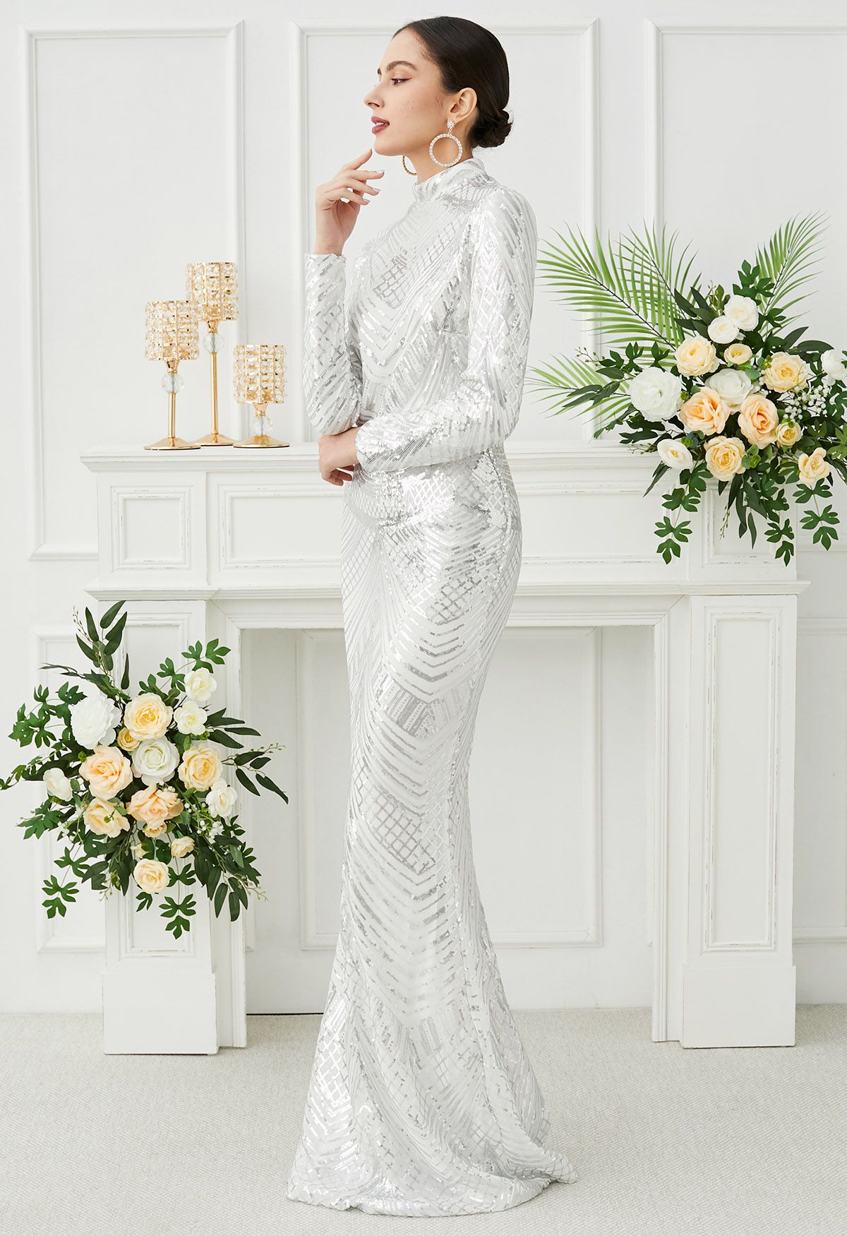 Geometric Sequin Mock Neck Mermaid Gown in White