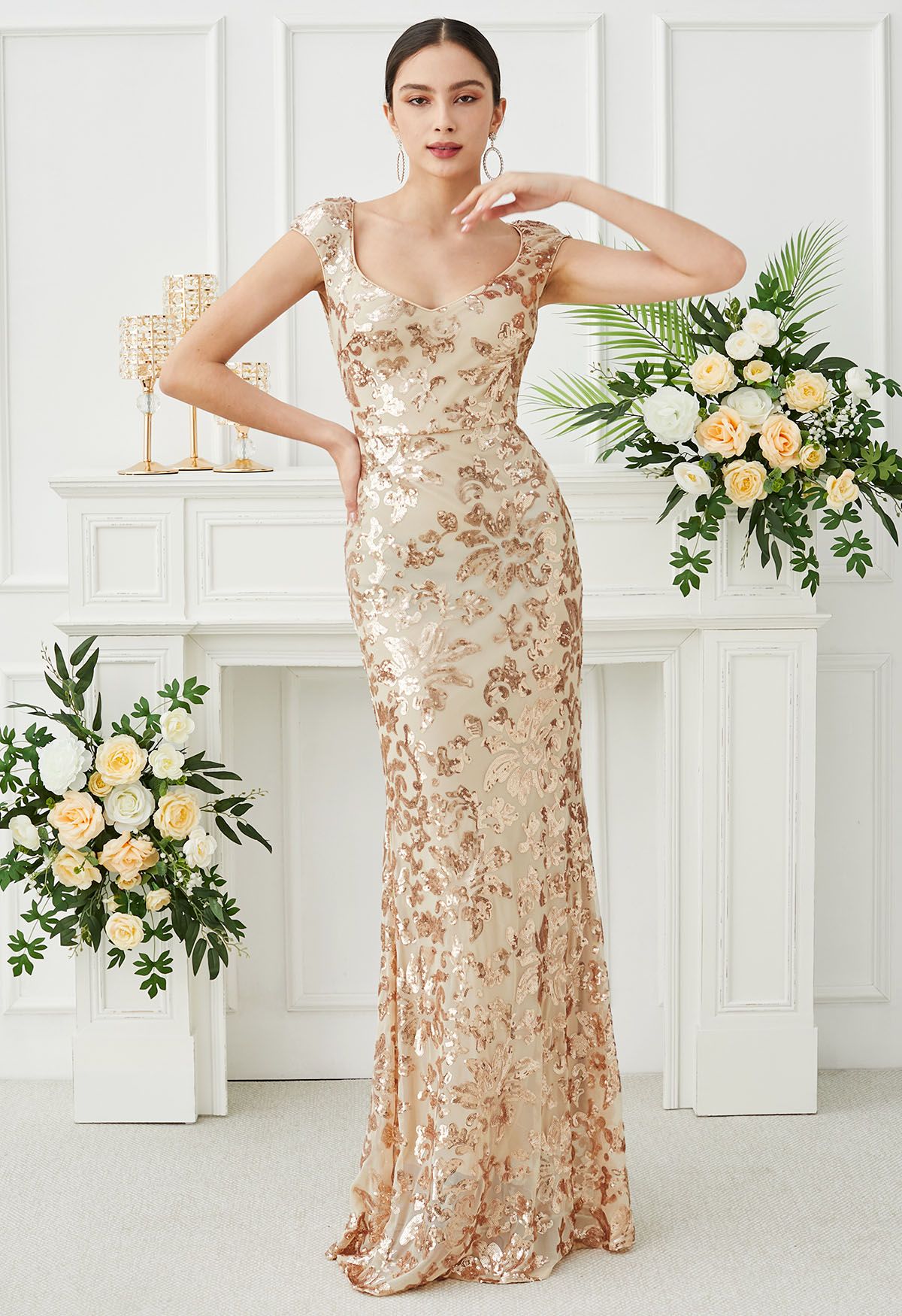 Floral Sequin Sweetheart Neck Mermaid Gown in Apricot