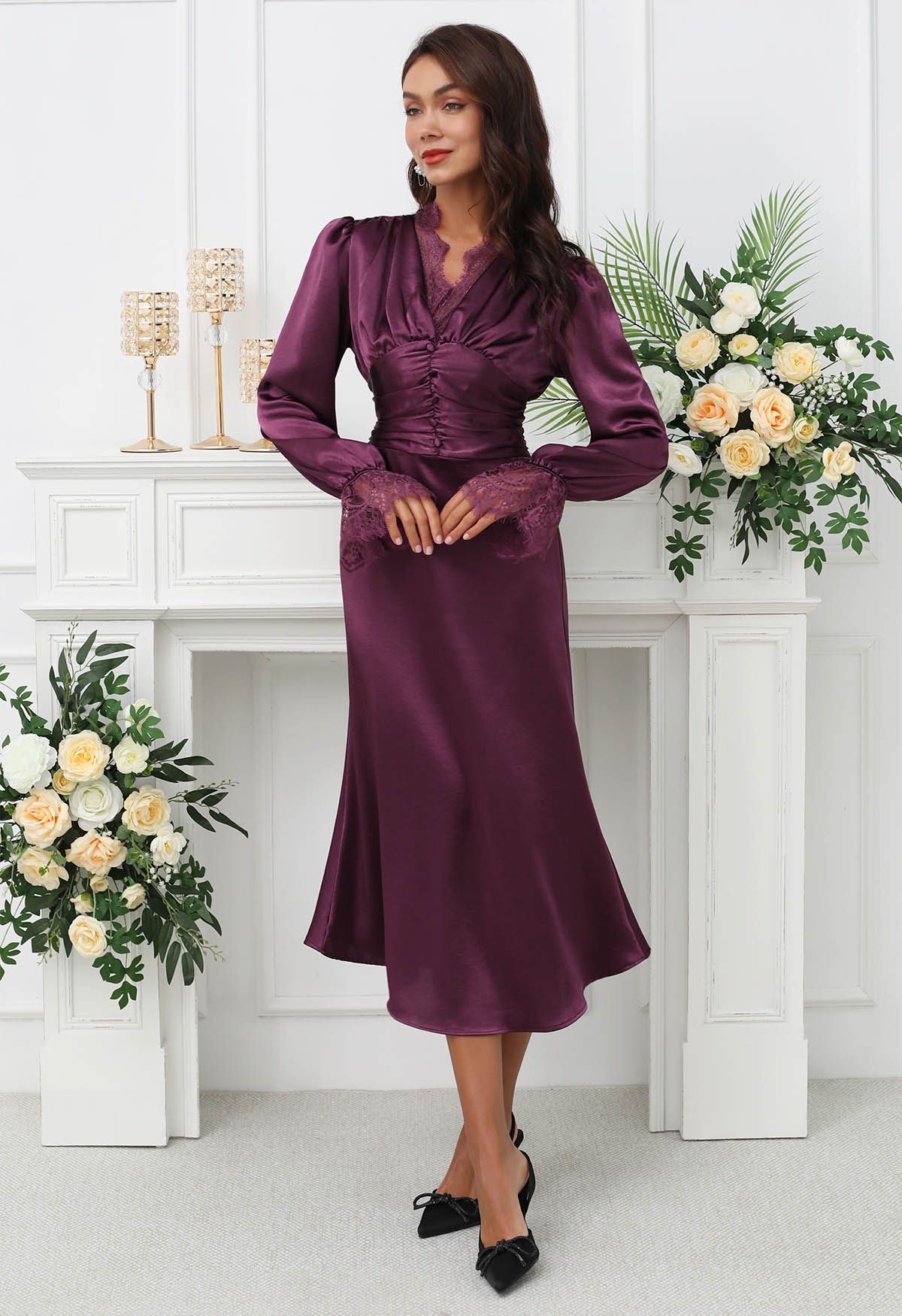 Lace Trim Ruched High Waist Satin Midi Dress in Plum