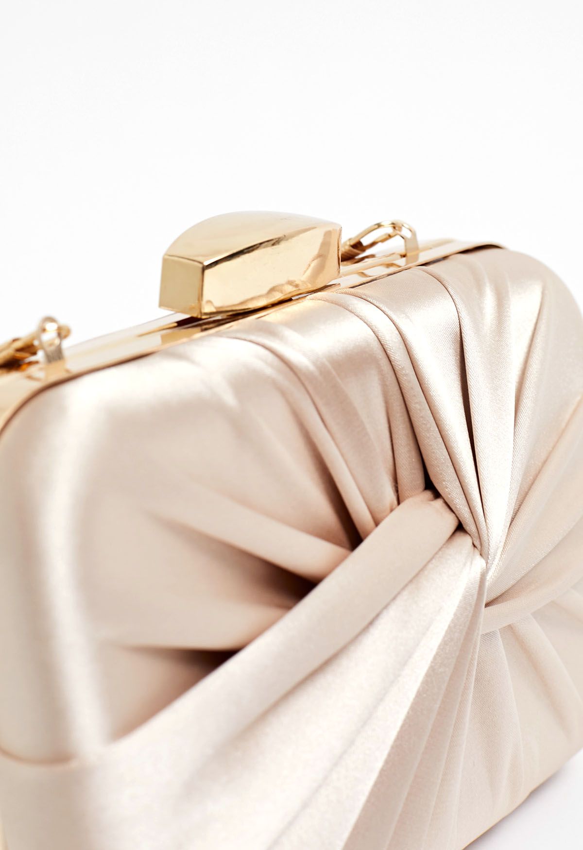 Ruched Knotted Satin Clutch in Champagne