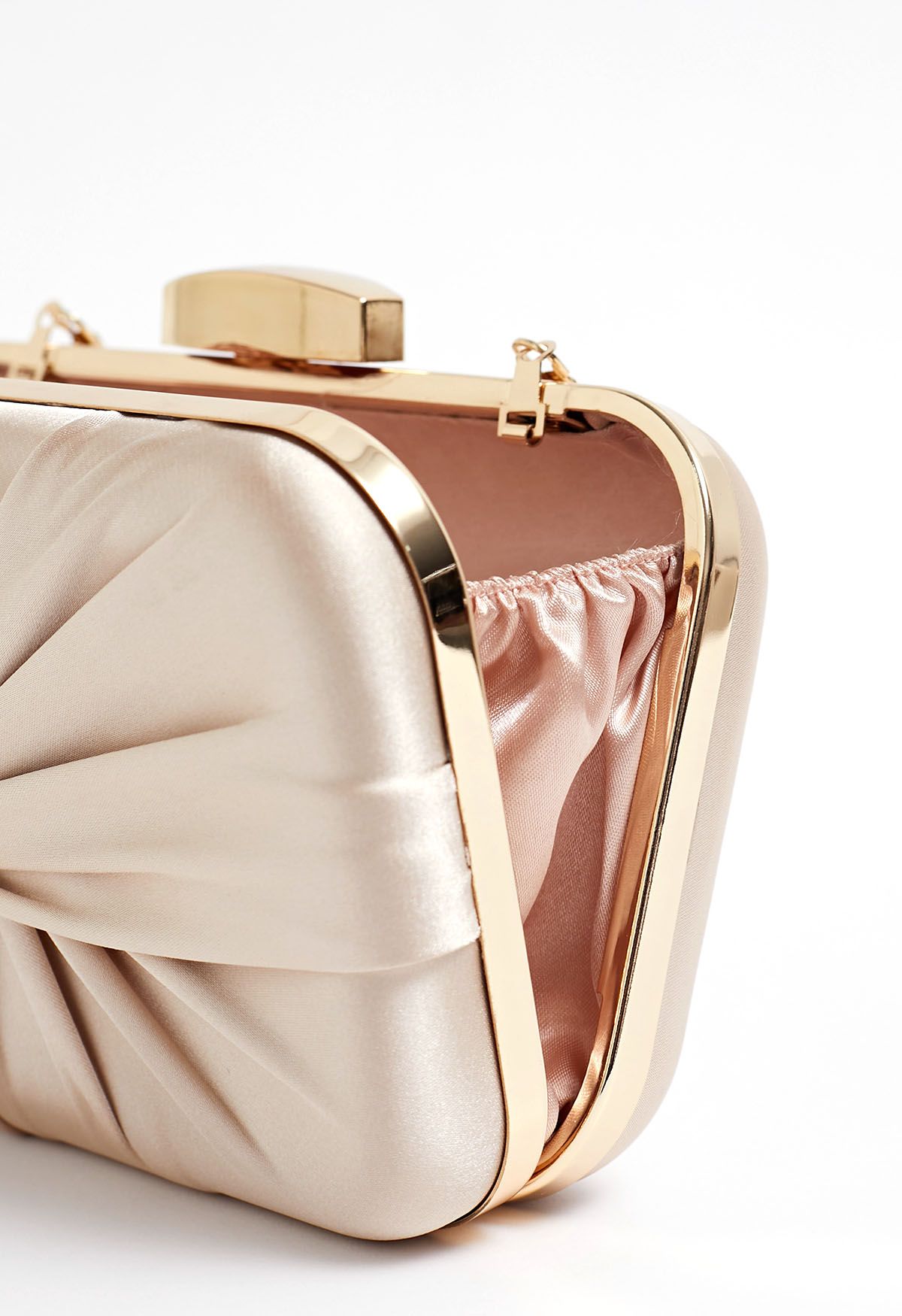 Ruched Knotted Satin Clutch in Champagne