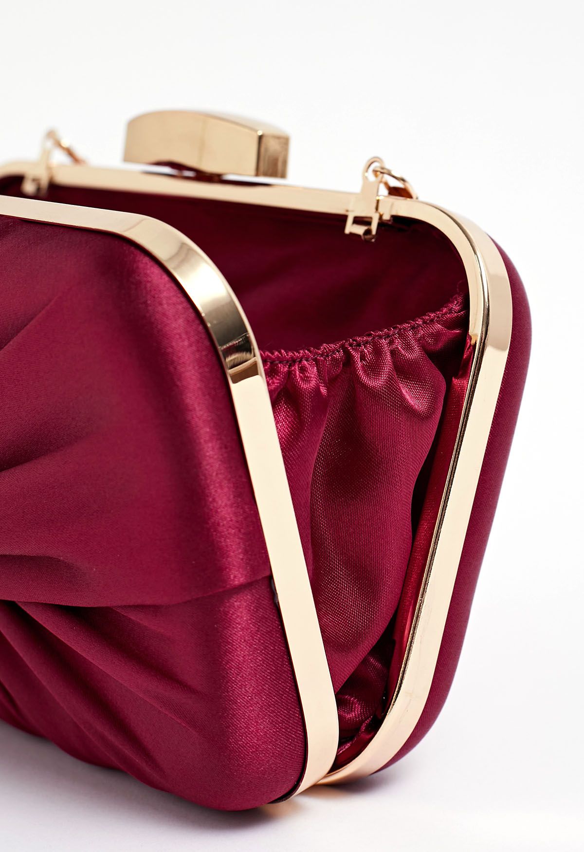 Ruched Knotted Satin Clutch in Burgundy