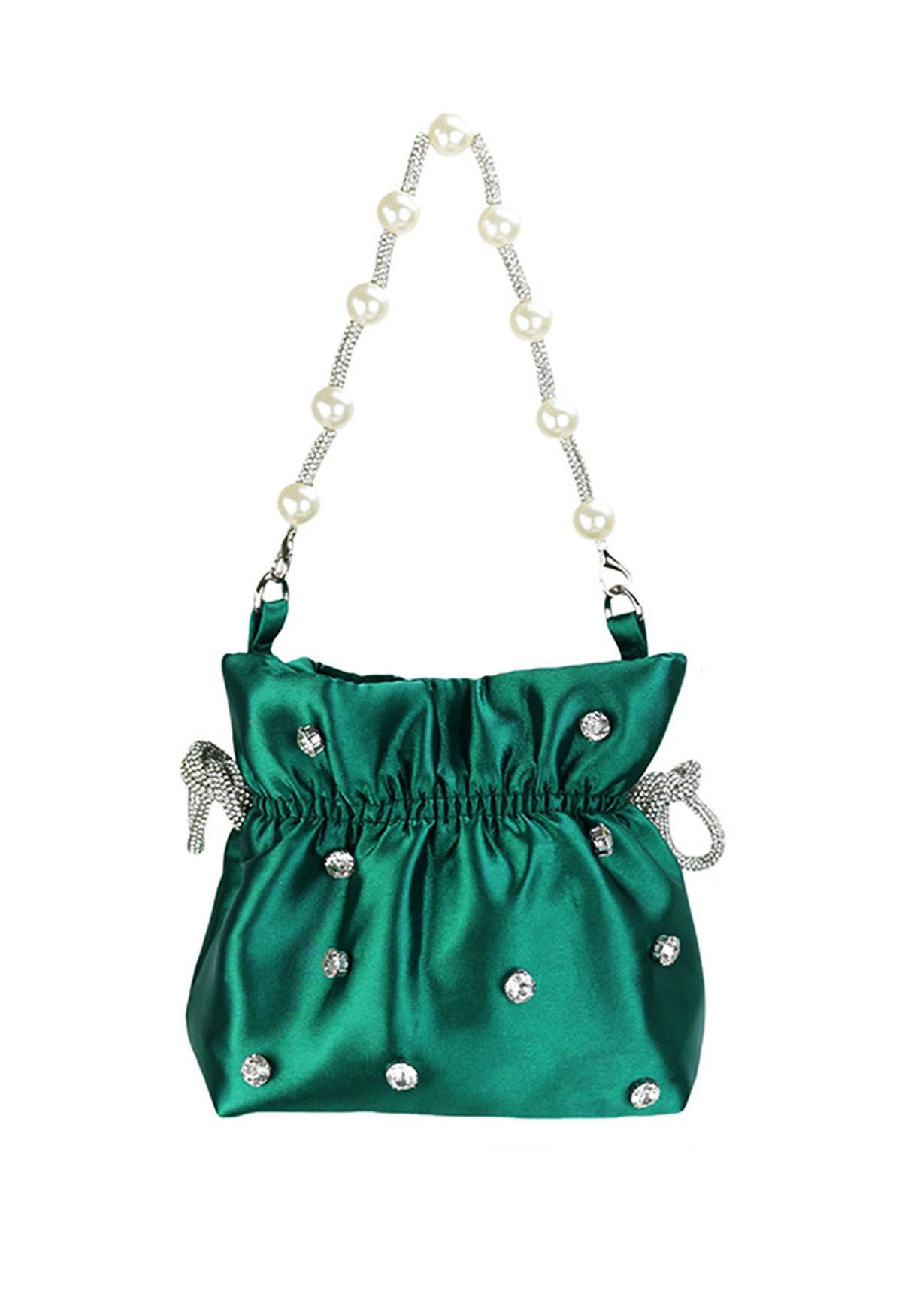 Rhinestone Decor Drawstring Shoulder Bag in Emerald