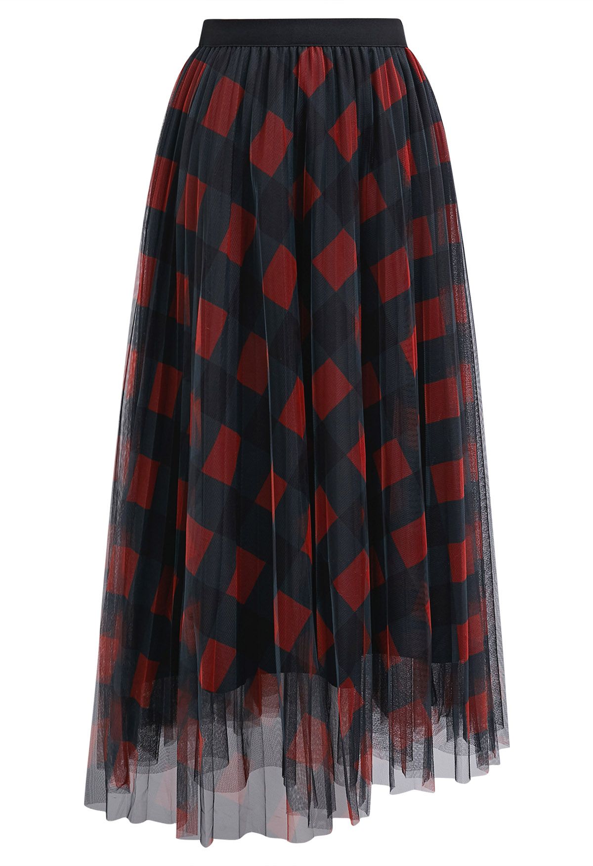 Bold Checks Double-Layered Mesh Midi Skirt in Red