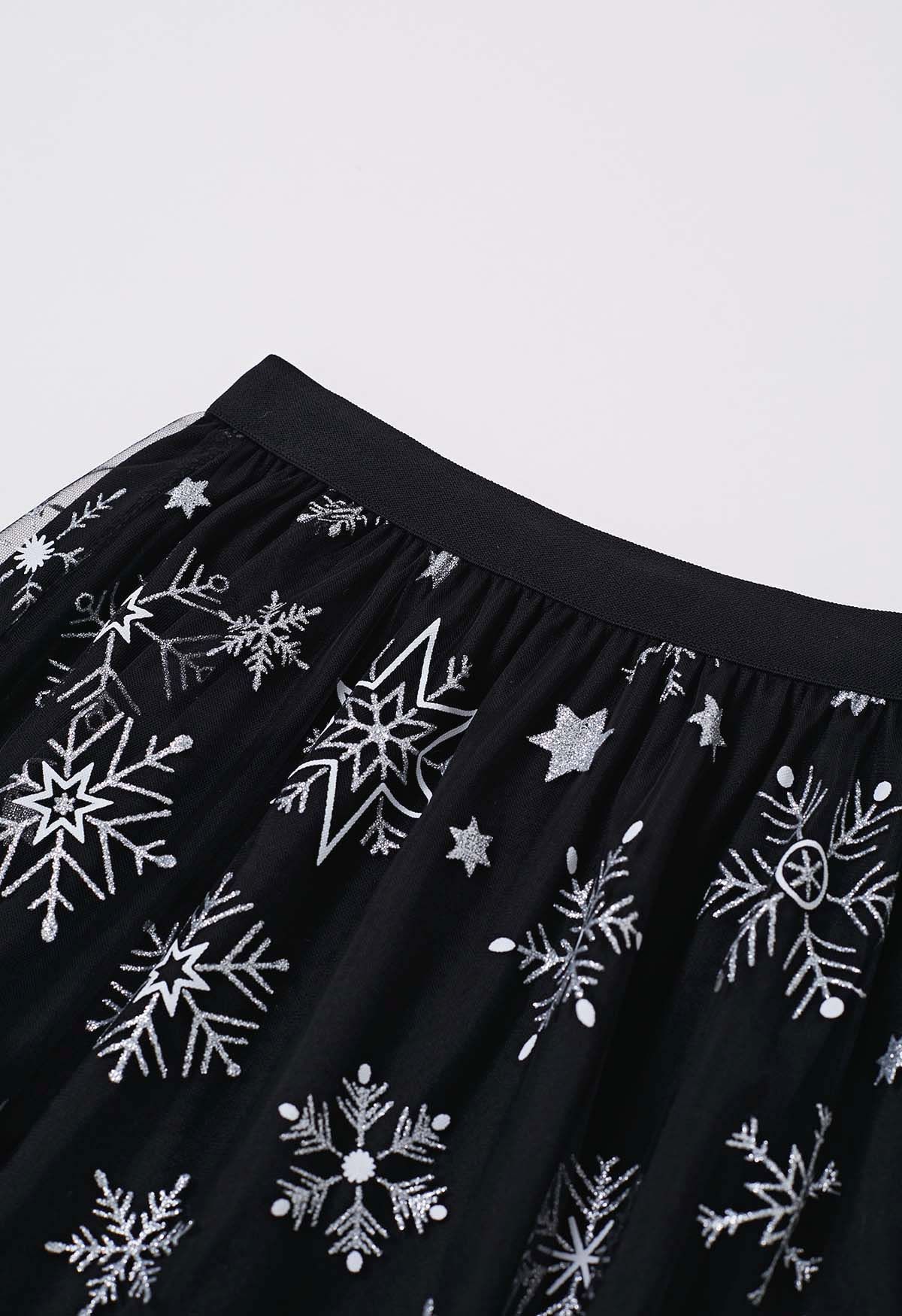 Glitter Star Snowflake Mesh Tulle Midi Skirt in Black