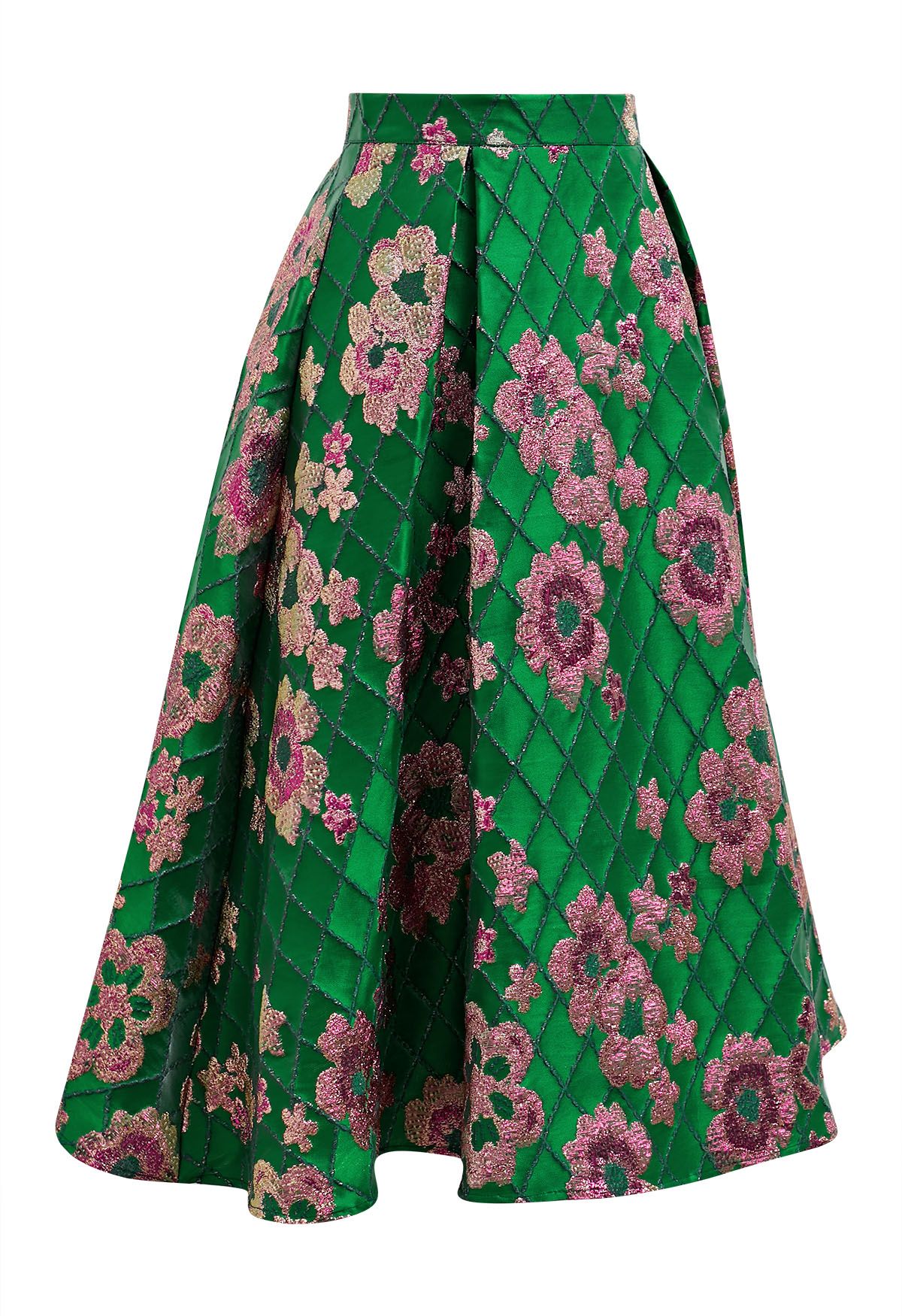 Falling Floral Grid Jacquard Midi Skirt in Green