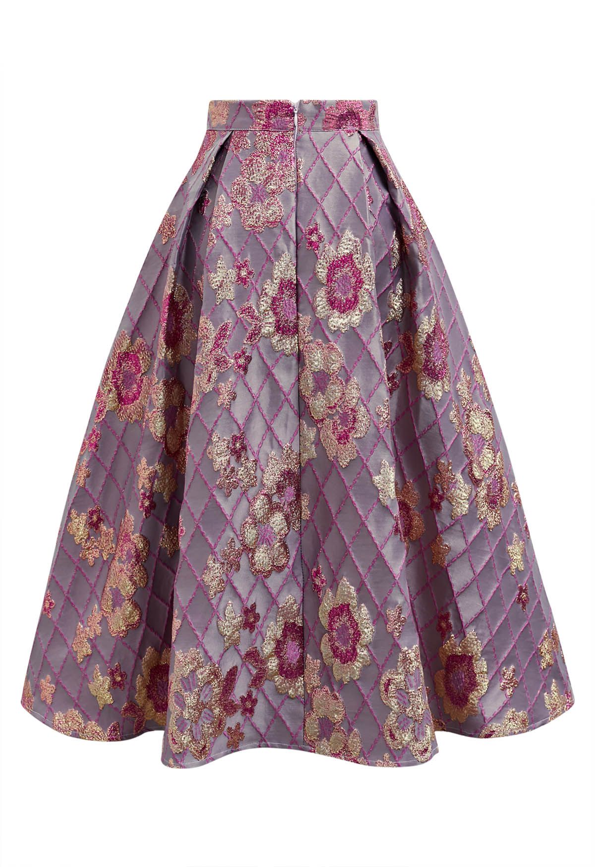 Falling Floral Grid Jacquard Midi Skirt in Lilac