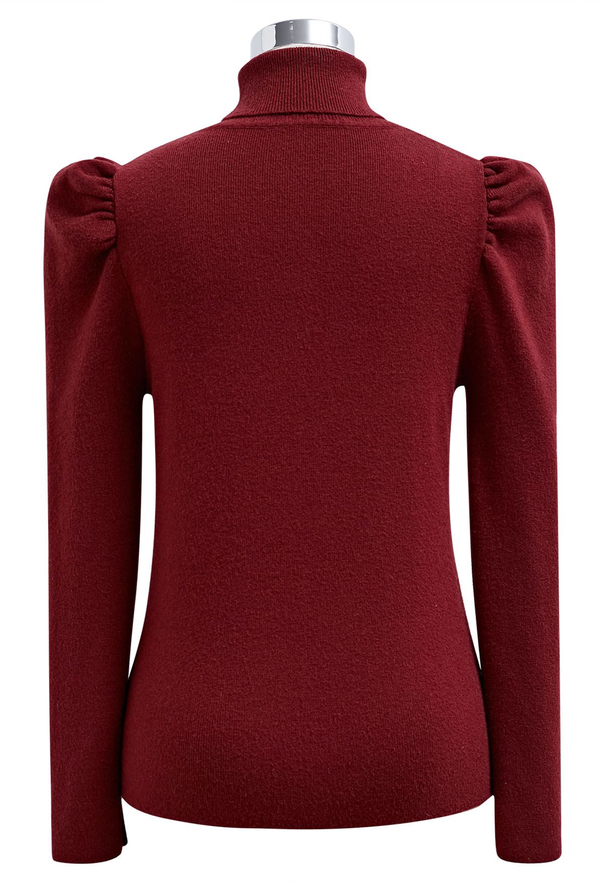 Turtleneck Gigot Sleeve Knit Top in Burgundy