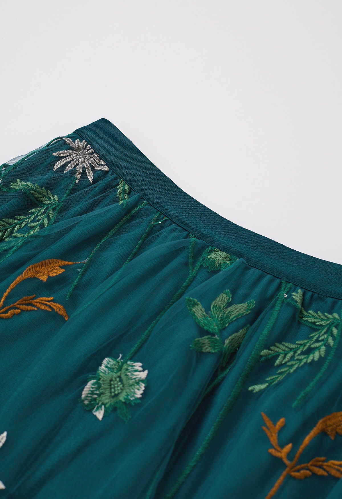 Whimsical Flowers Embroidered Mesh Tulle Midi Skirt in Teal