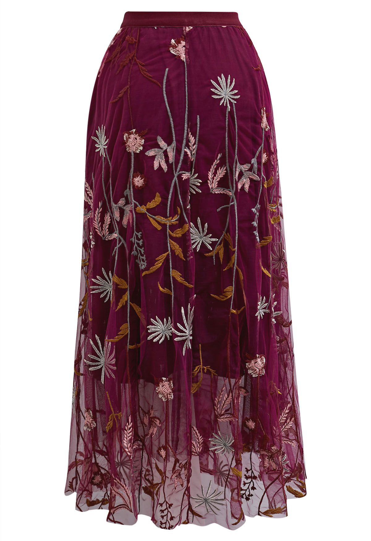 Whimsical Flowers Embroidered Mesh Tulle Midi Skirt in Burgundy