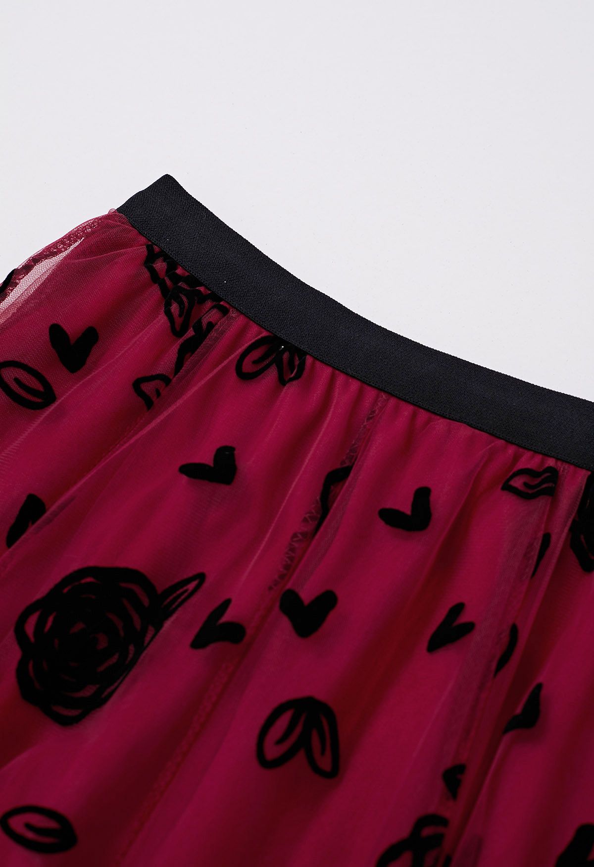 3D Rose and Heart Mesh Midi Skirt in Red