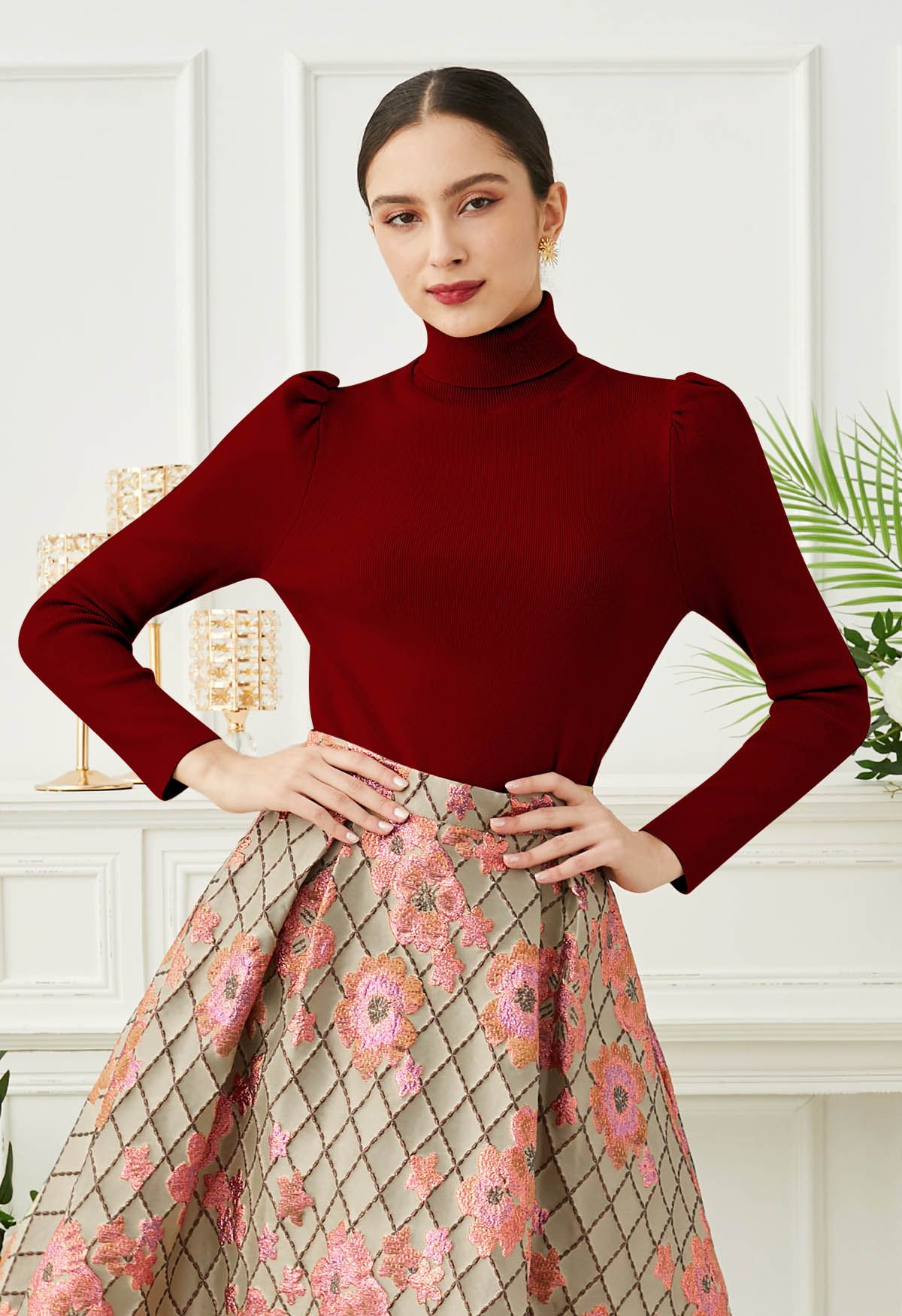 Turtleneck Gigot Sleeve Knit Top in Burgundy