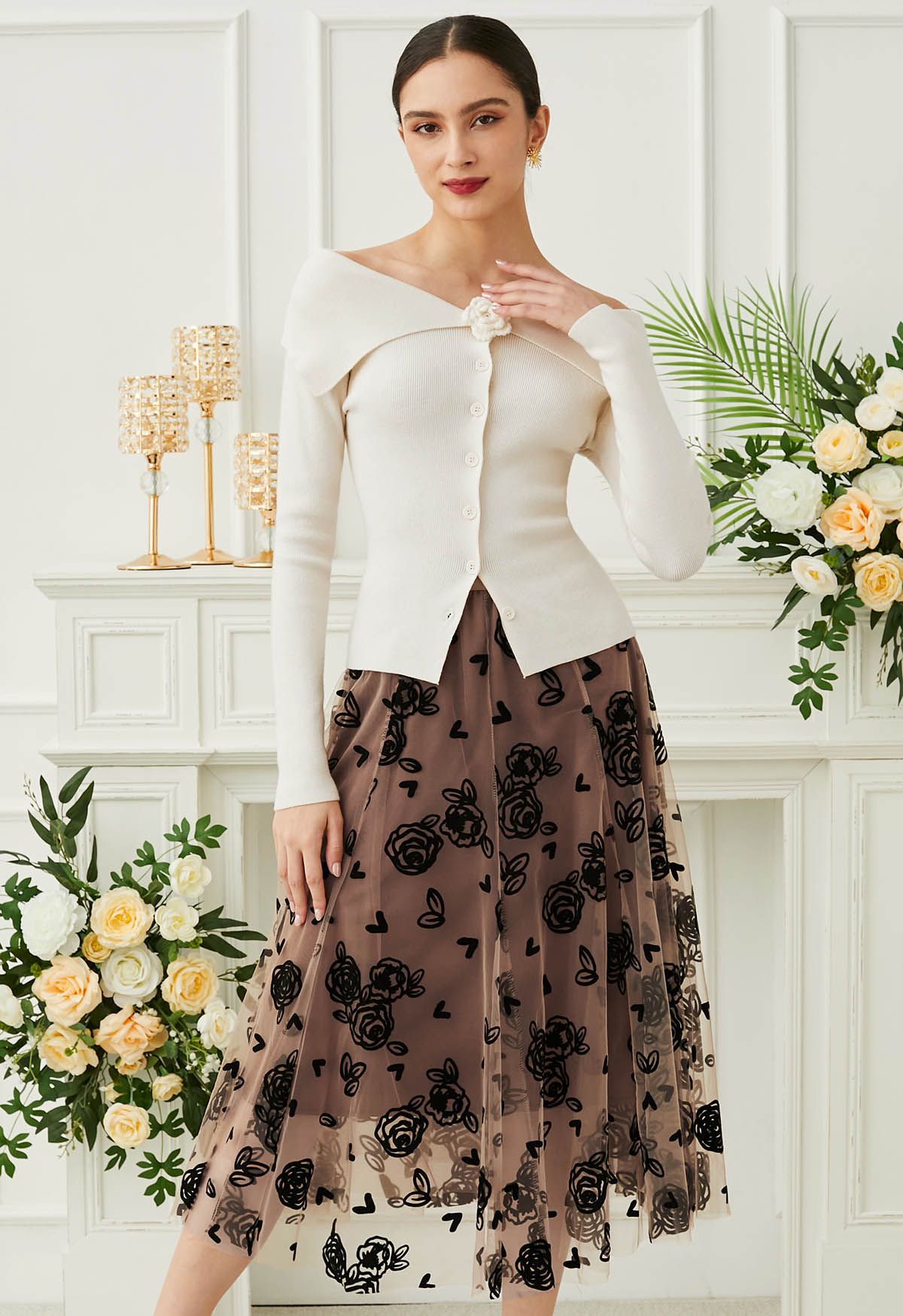 3D Rose and Heart Mesh Midi Skirt in Caramel