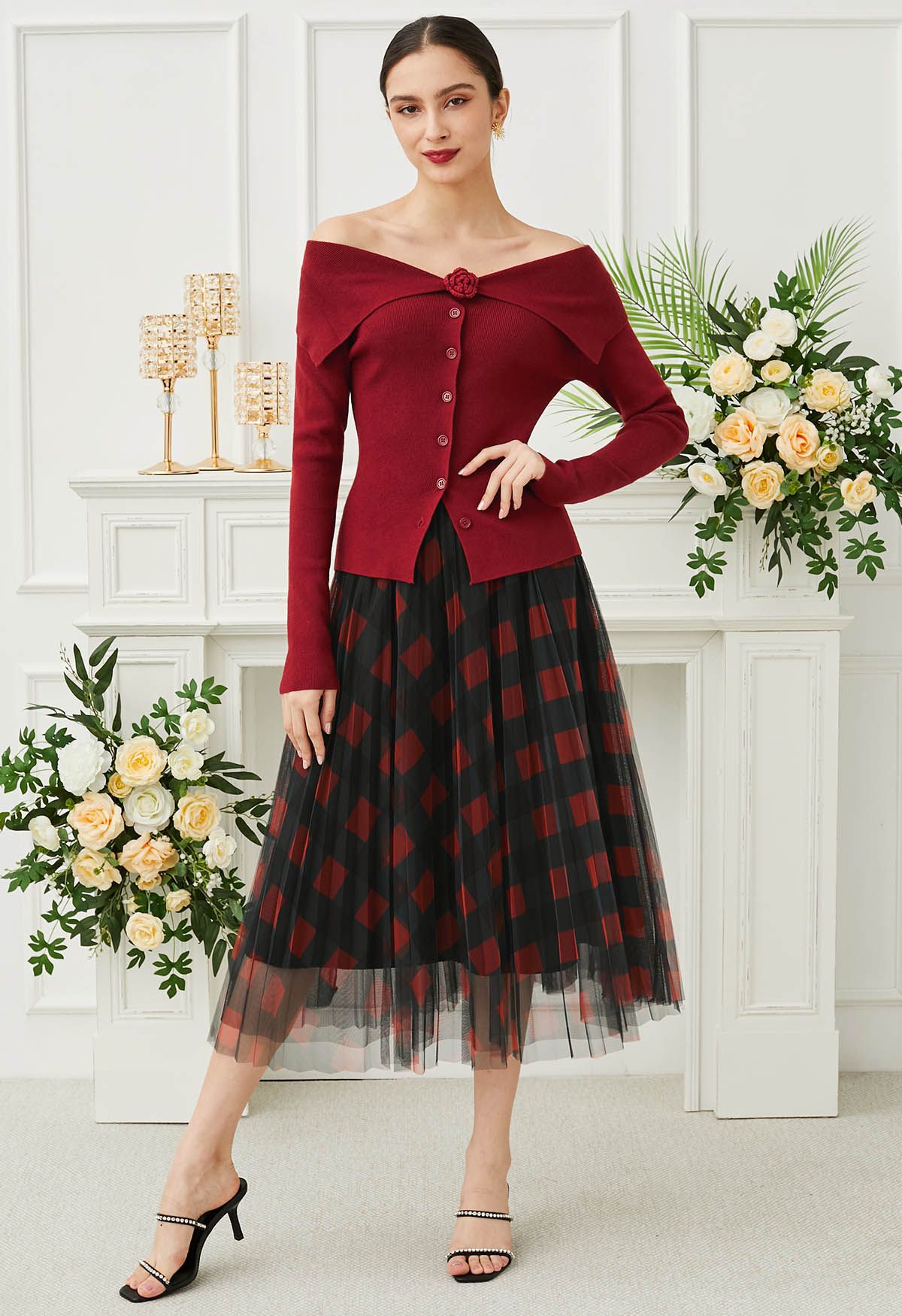 Bold Checks Double-Layered Mesh Midi Skirt in Red