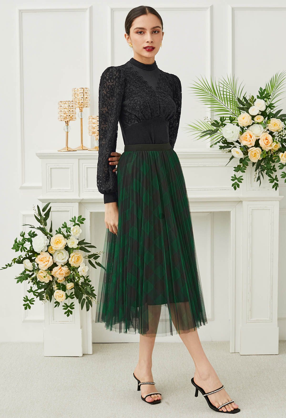 Bold Checks Double-Layered Mesh Midi Skirt in Green