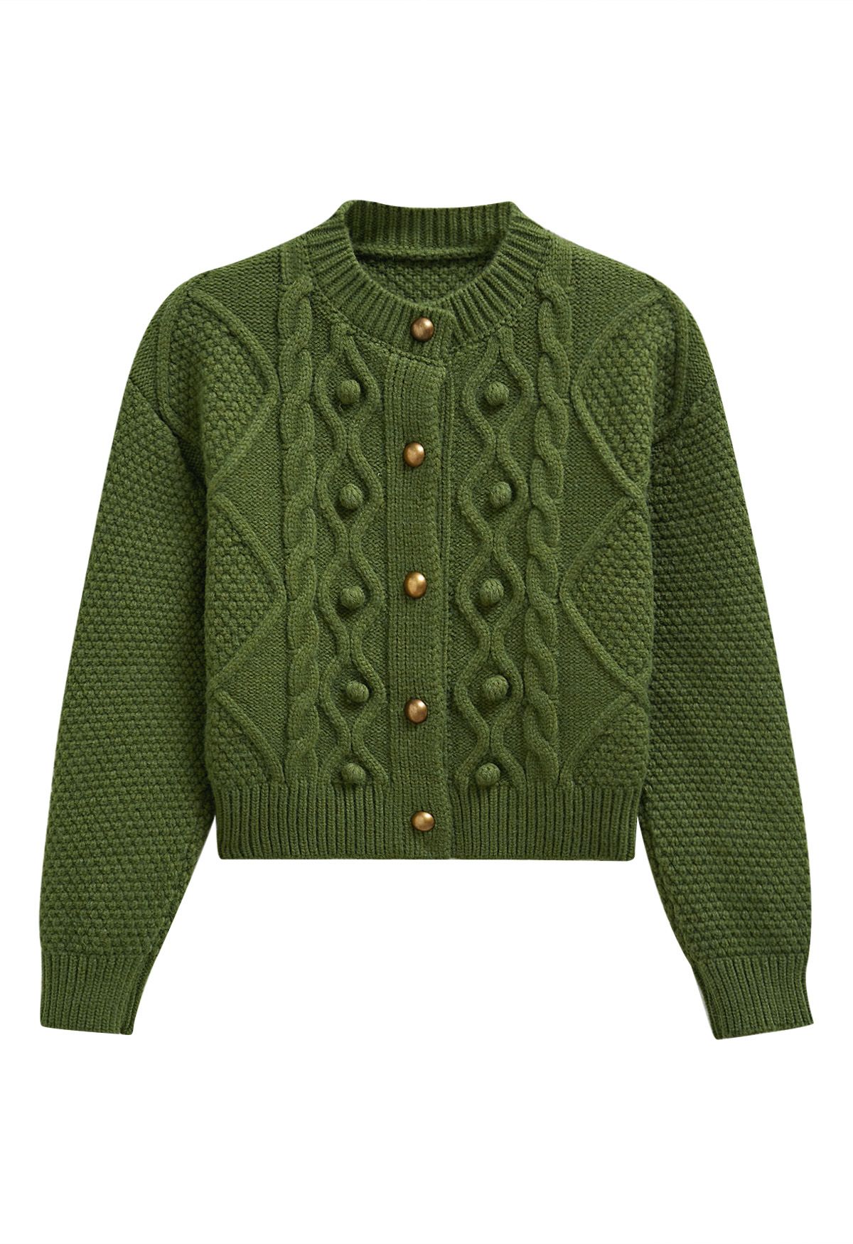 Euphoric Pom-Pom Waffle Knit Crop Cardigan in Green