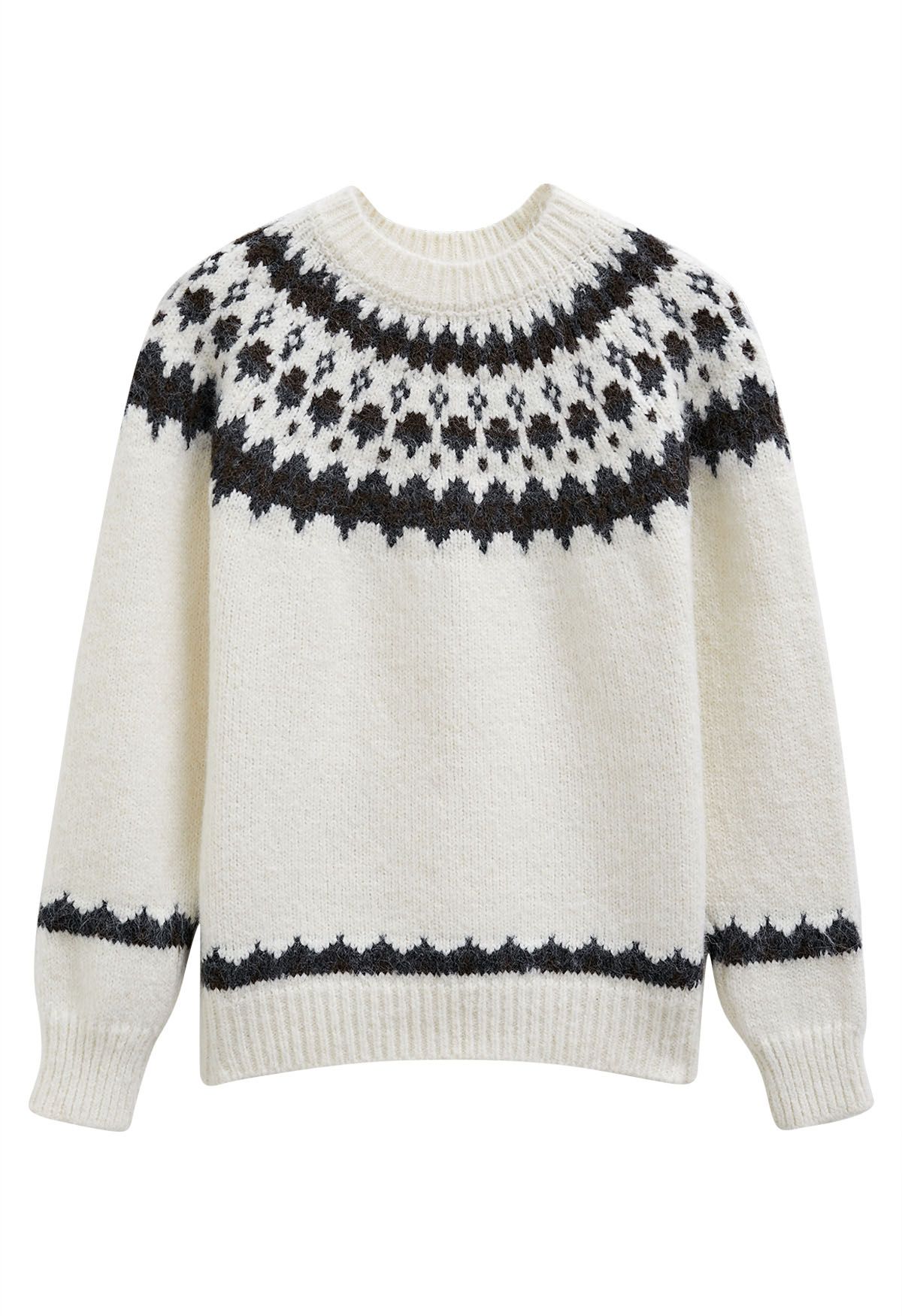 Alpine-Inspired Fair Isle Fuzzy Knit Sweater