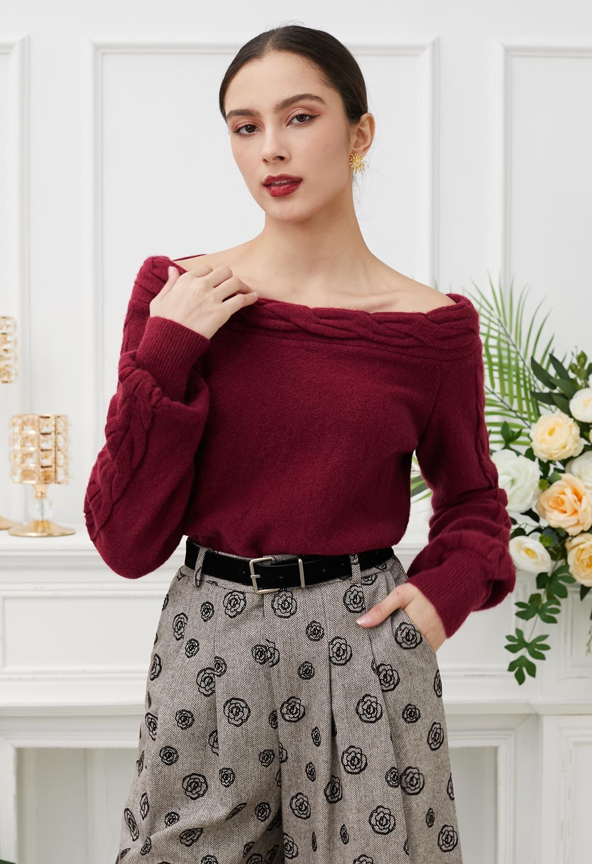 Bask in Winter Off-Shoulder Cable Knit Sweater in Red