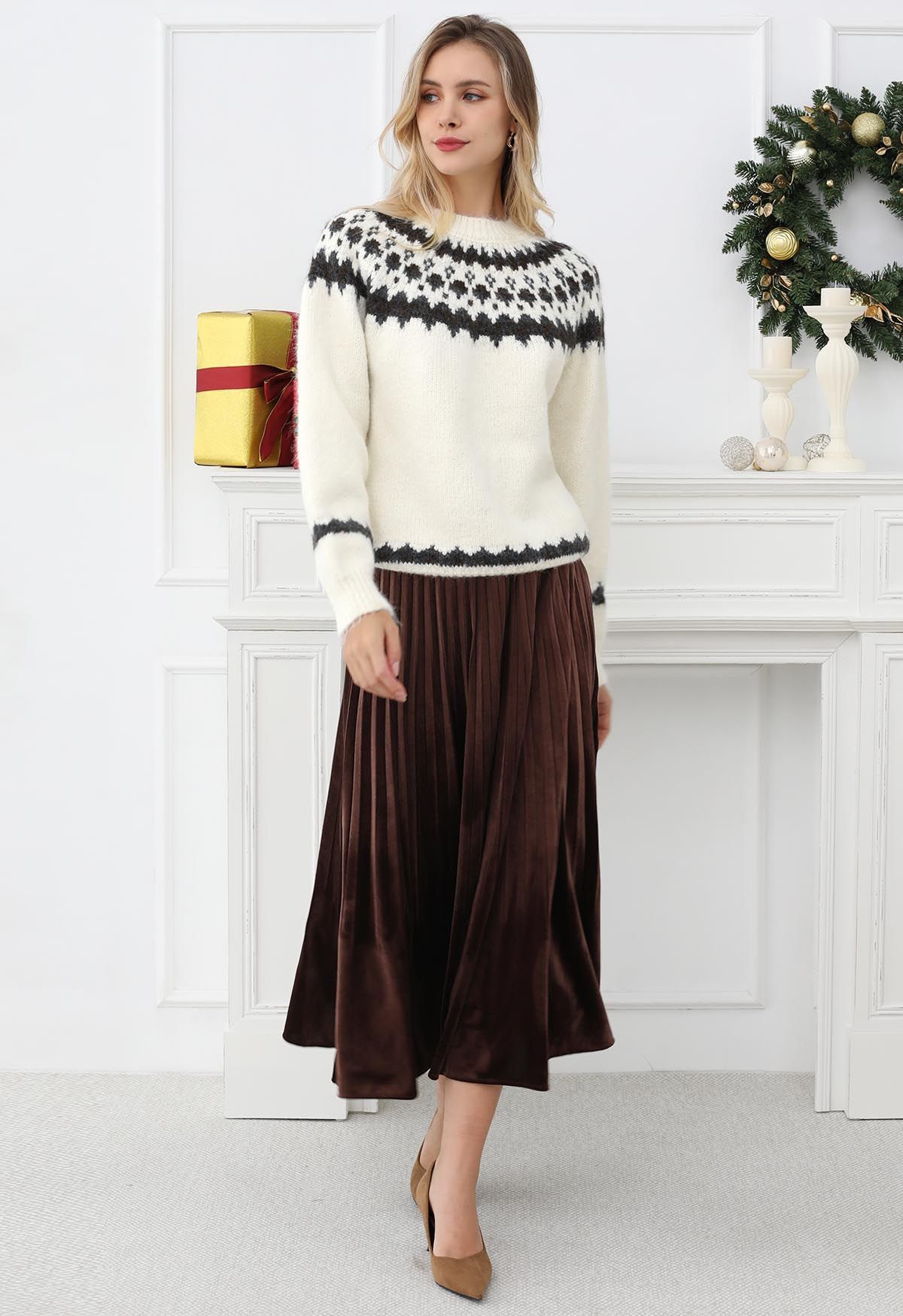 Velvety Touch Pleated Midi Skirt in Brown