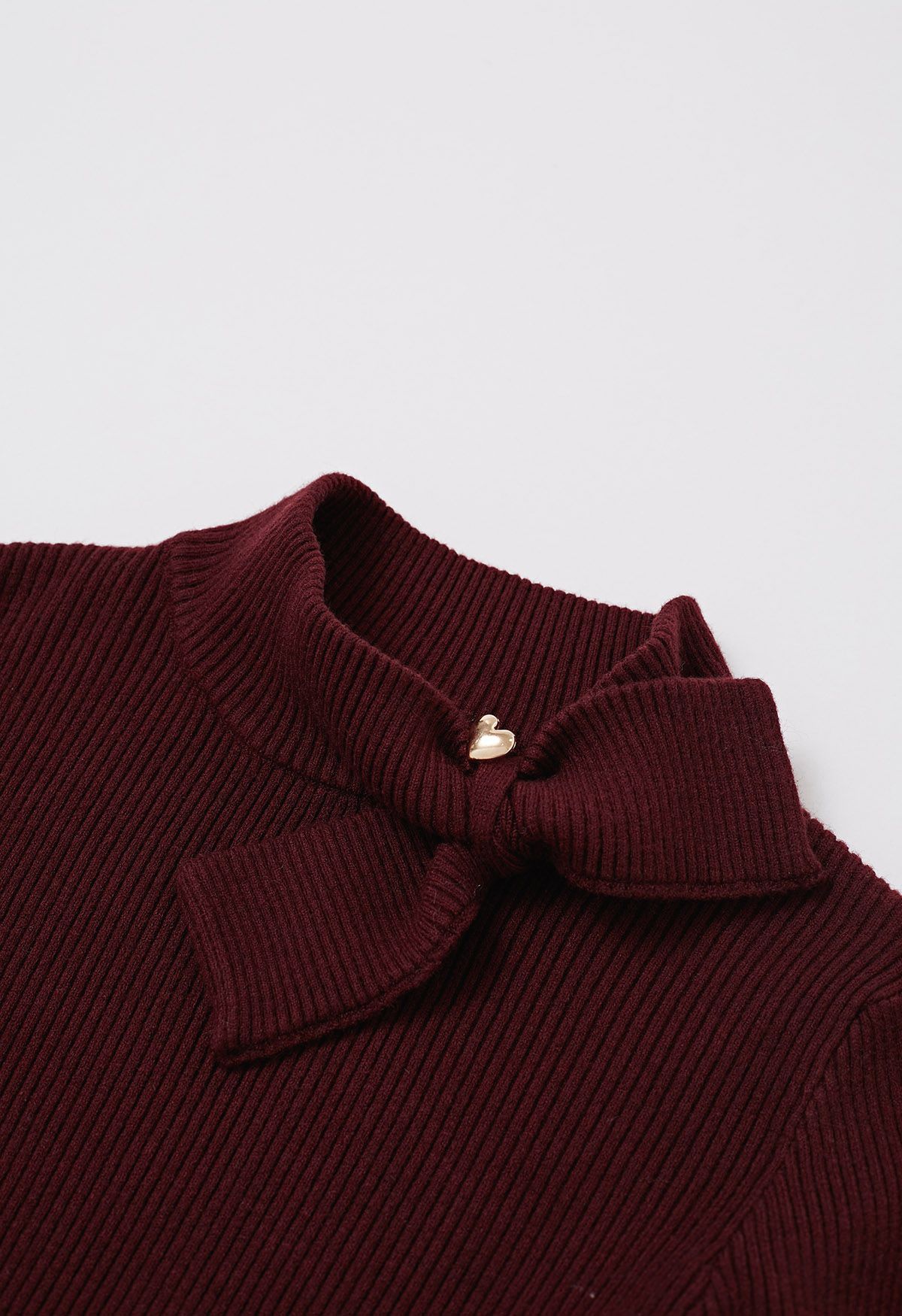 Heart Button Bowknot Ribbed Knit Top in Burgundy