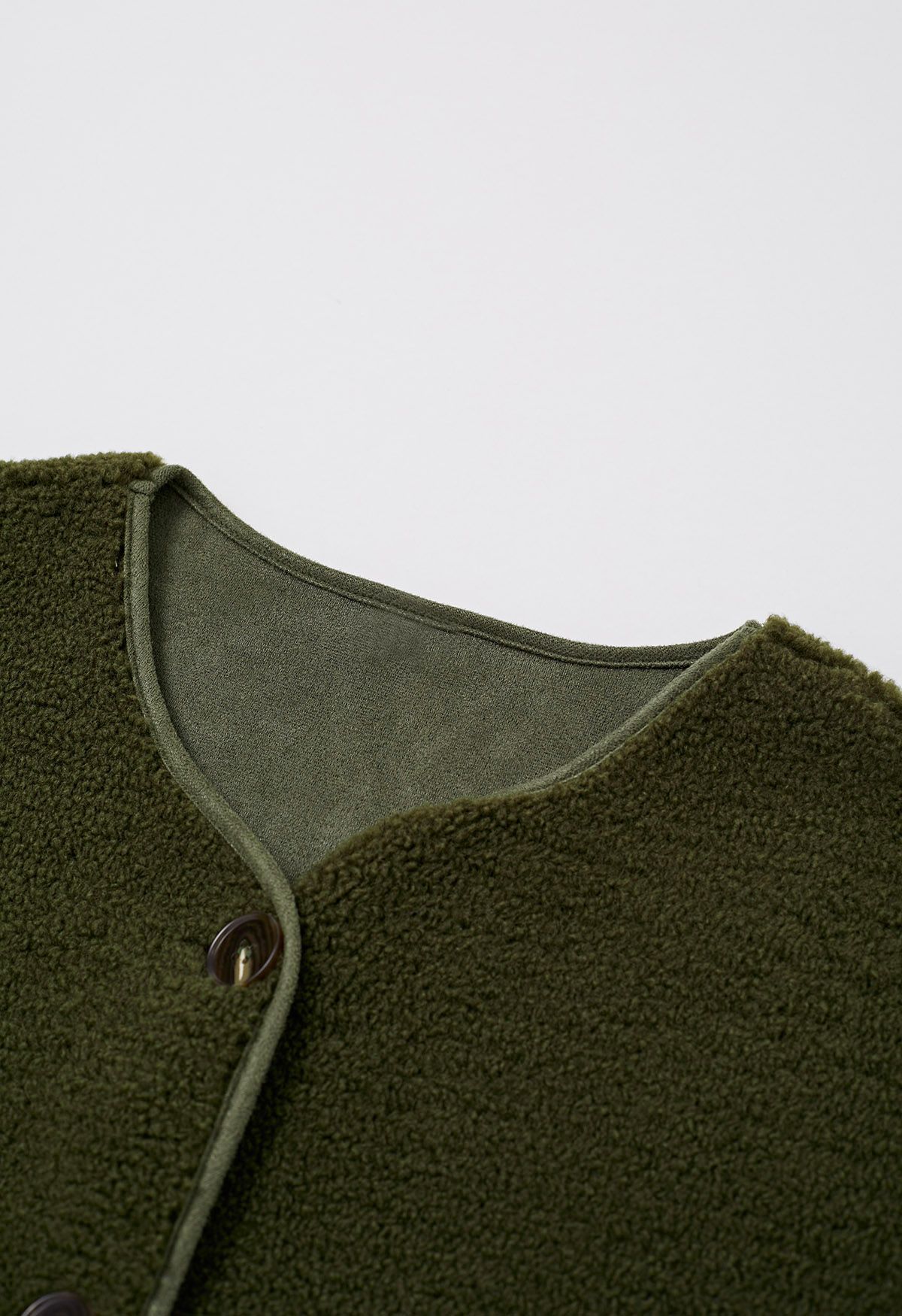 Collarless Button Down Sherpa Longline Coat in Army Green